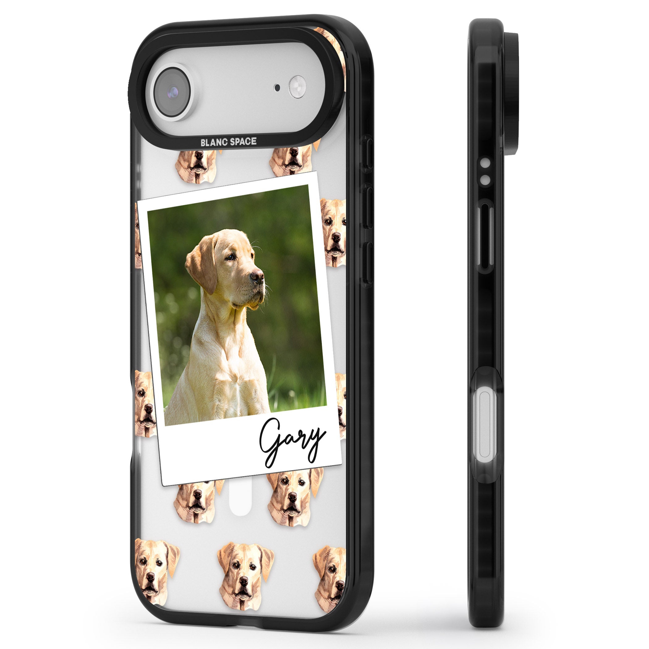 Personalised Tan Black Labrador Instant Camera Photo iPhone 17 Air Impact Pro Black Phone Case Side Profile