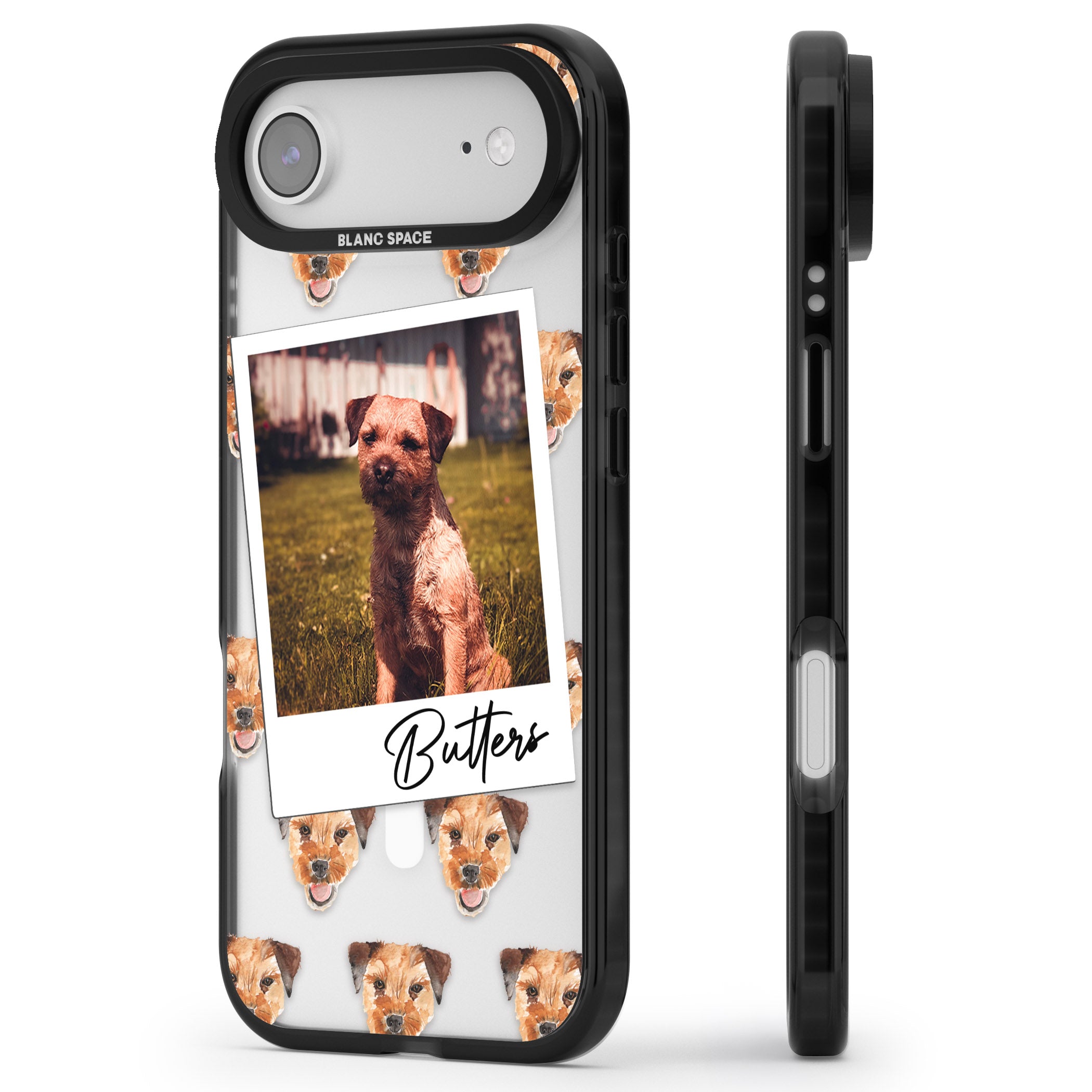 Personalised Border Terrier Instant Camera Photo iPhone 17 Air Impact Pro Black Phone Case Side Profile