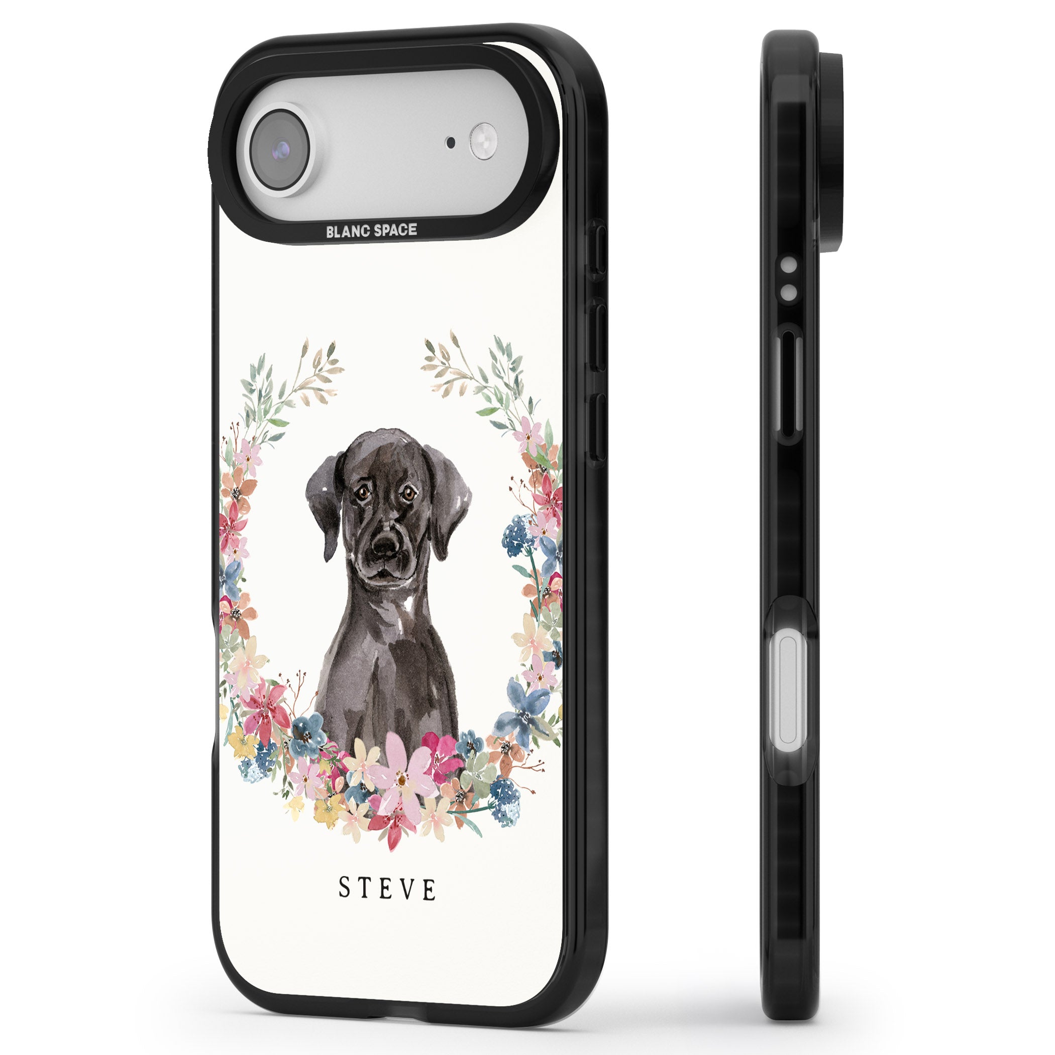 Personalised Black Labrador Floral Portrait iPhone 17 Air Impact Pro Black Phone Case Side Profile