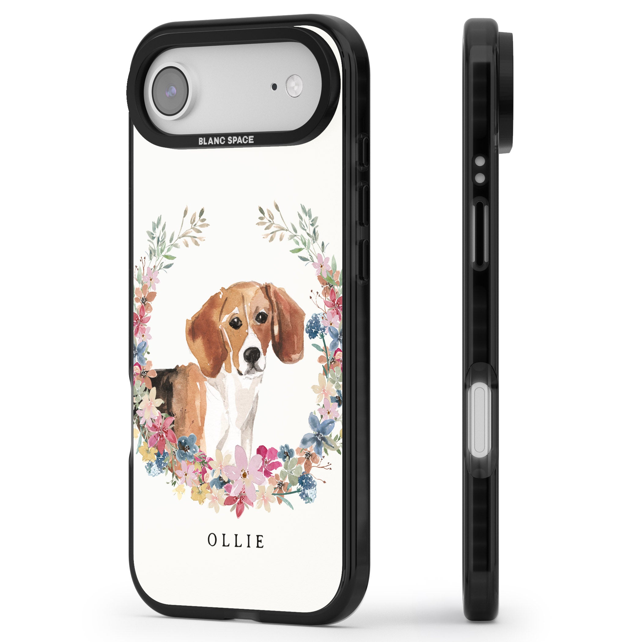 Personalised Beagle Floral Portrait iPhone 17 Air Impact Pro Black Phone Case Side Profile