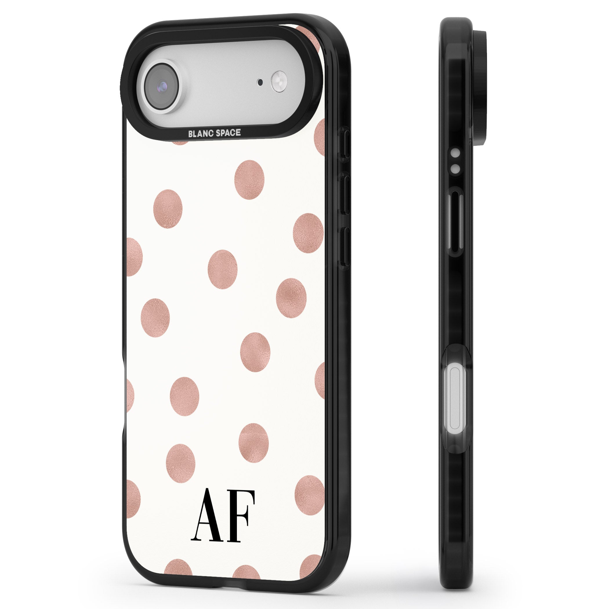 Personalised Rose Gold Dots & Initials iPhone 17 Air Impact Pro Black Phone Case Side Profile