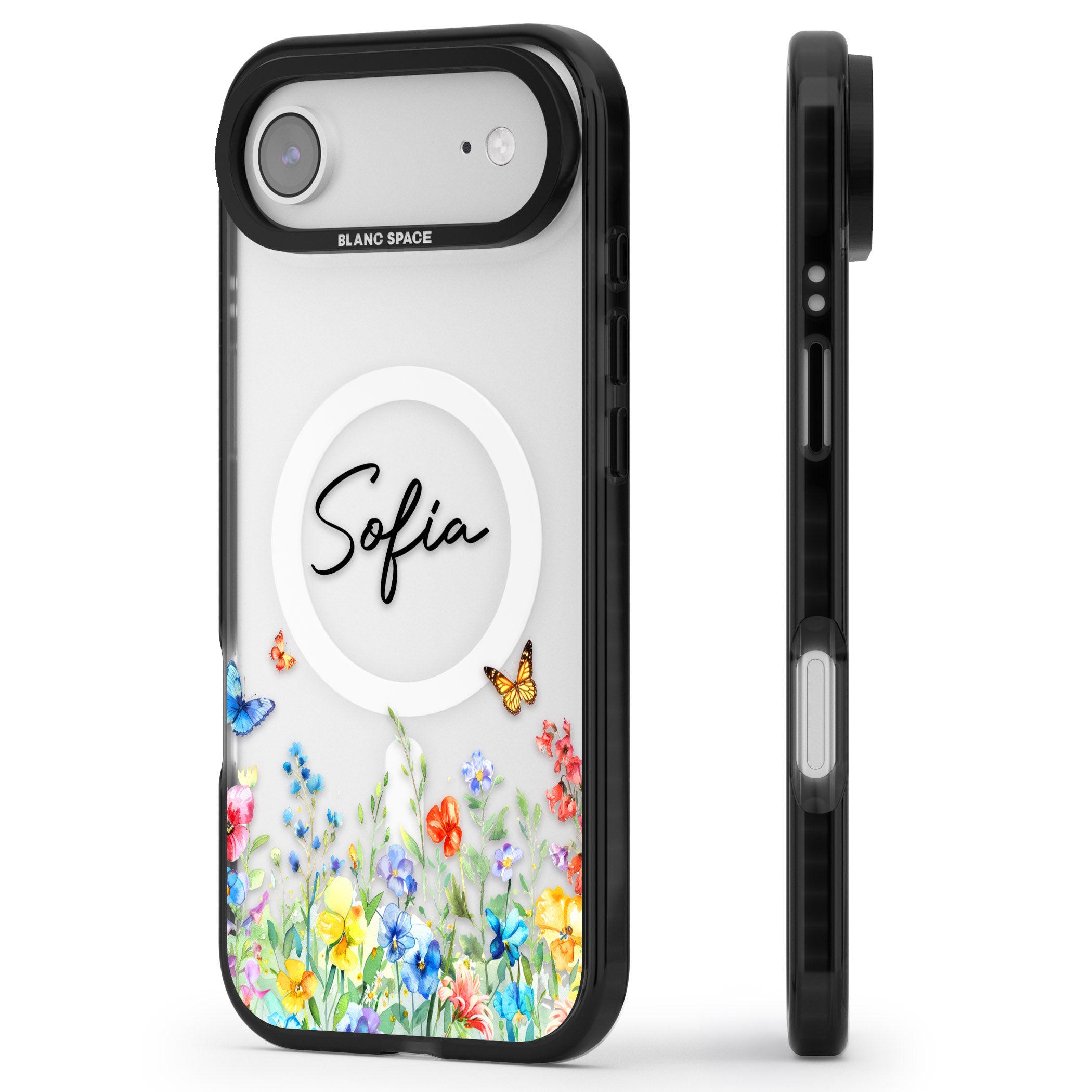 Personalised Buterflies Wildflowers iPhone 17 Air Impact Pro Black Phone Case Side Profile