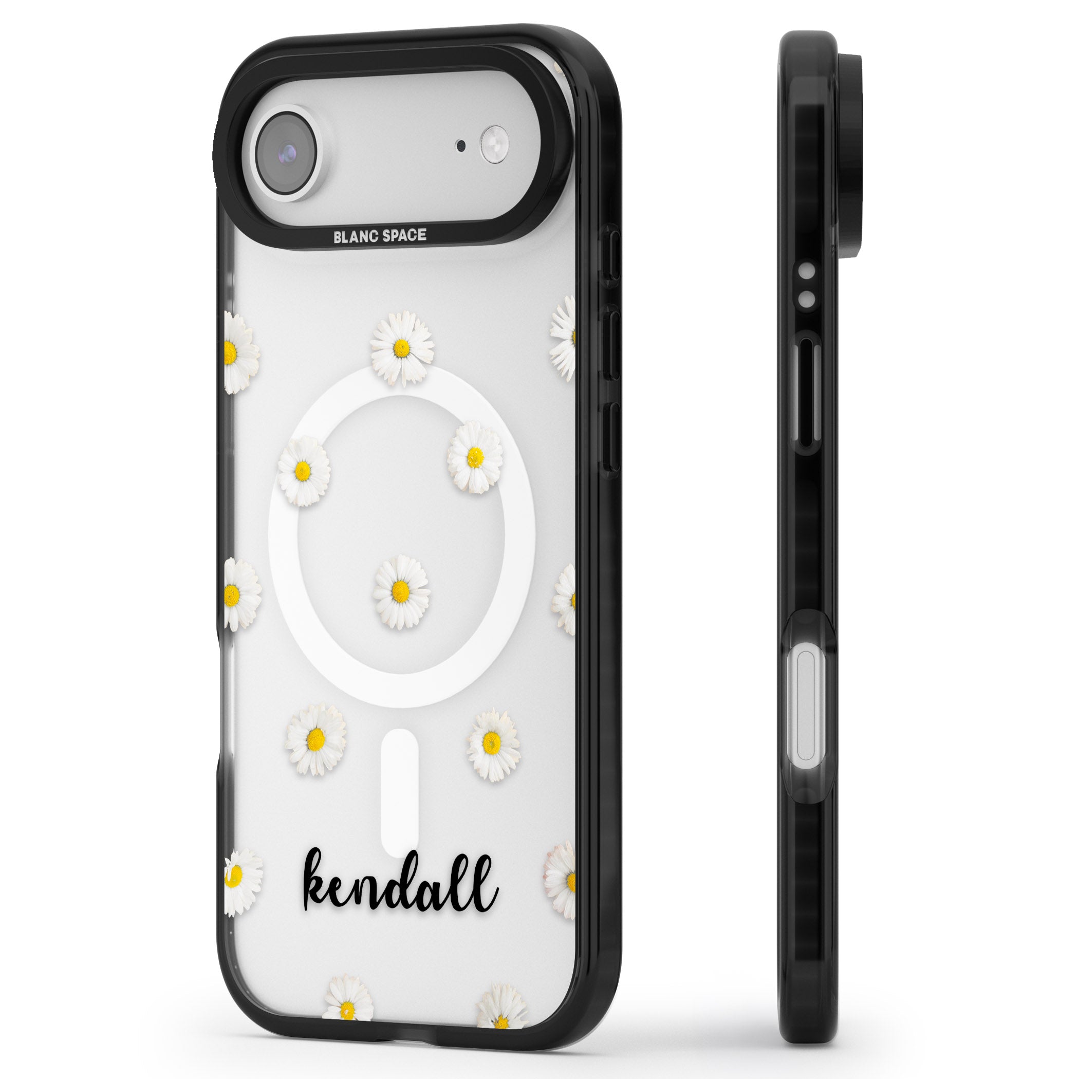 Personalised White Daisies & Cursive iPhone 17 Air Impact Pro Black Phone Case Side Profile