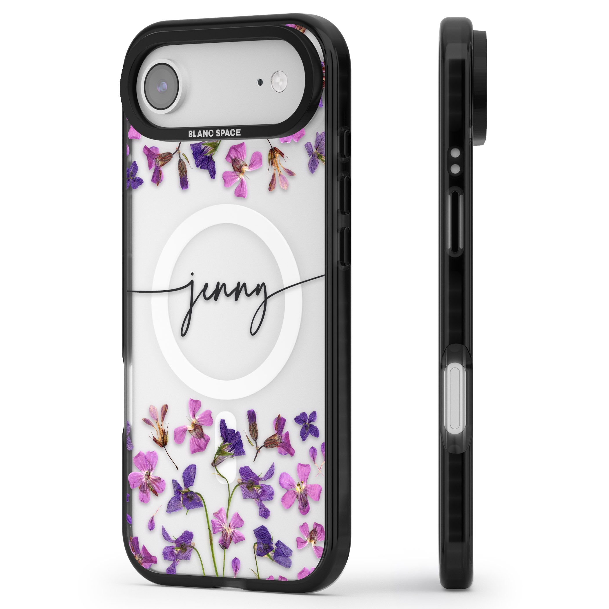 Personalised Purple Violets iPhone 17 Air Impact Pro Black Phone Case Side Profile