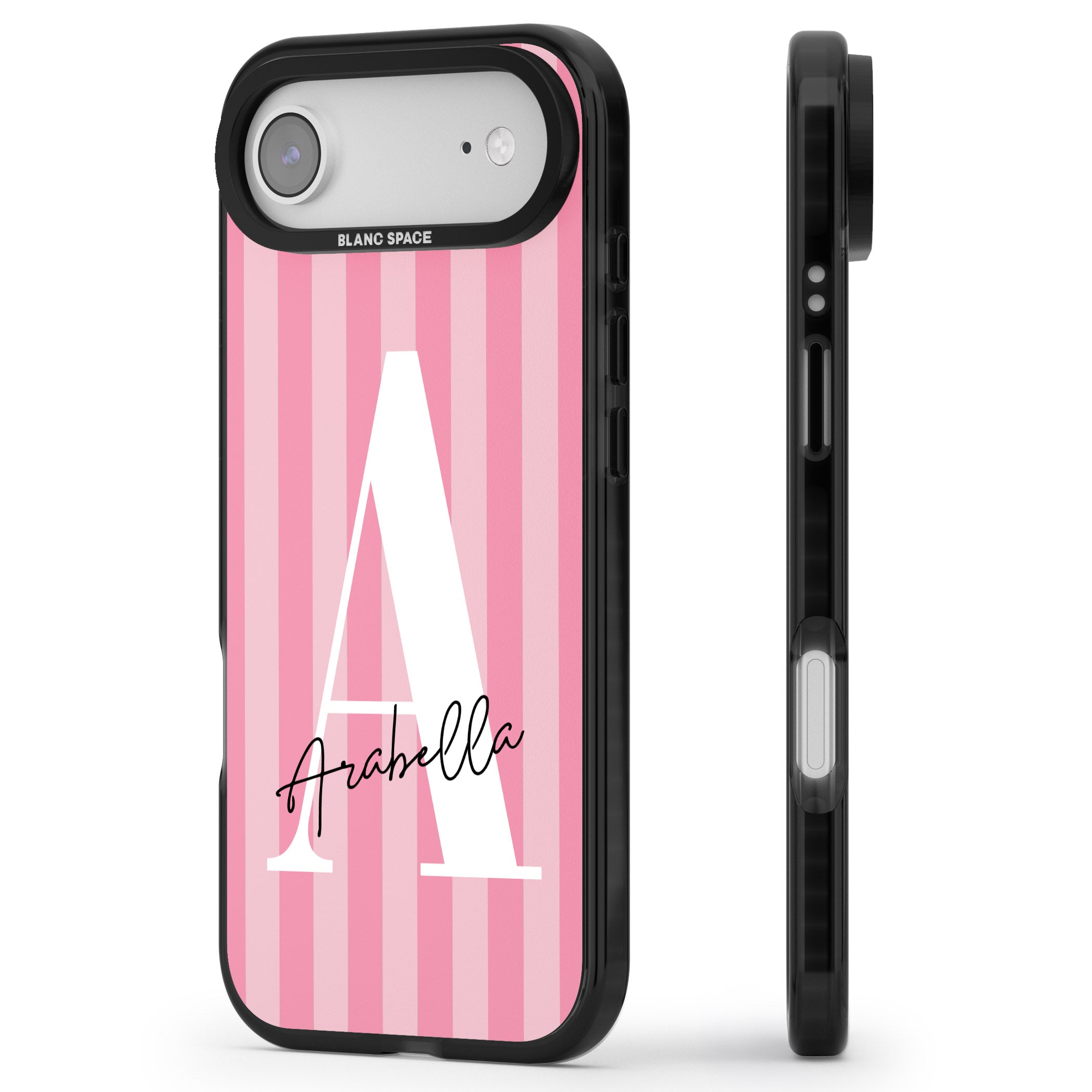 Personalised Pink Stripes Initial iPhone 17 Air Impact Pro Black Phone Case Side Profile
