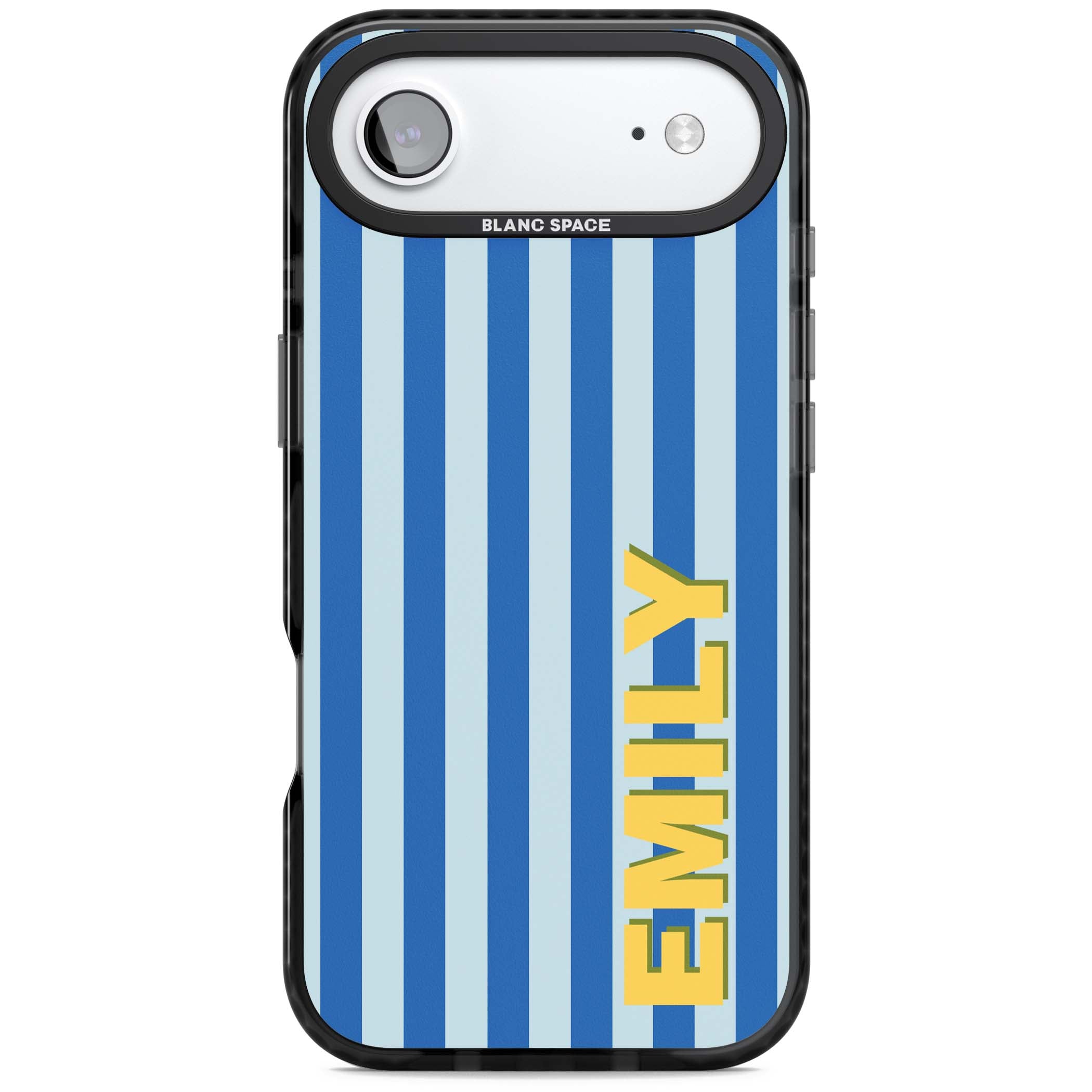 Athenian Stripe personalised preppy iPhone case featuring blue vertical stripes and a custom yellow name | Black Impact Magsafe case for iPhone Air