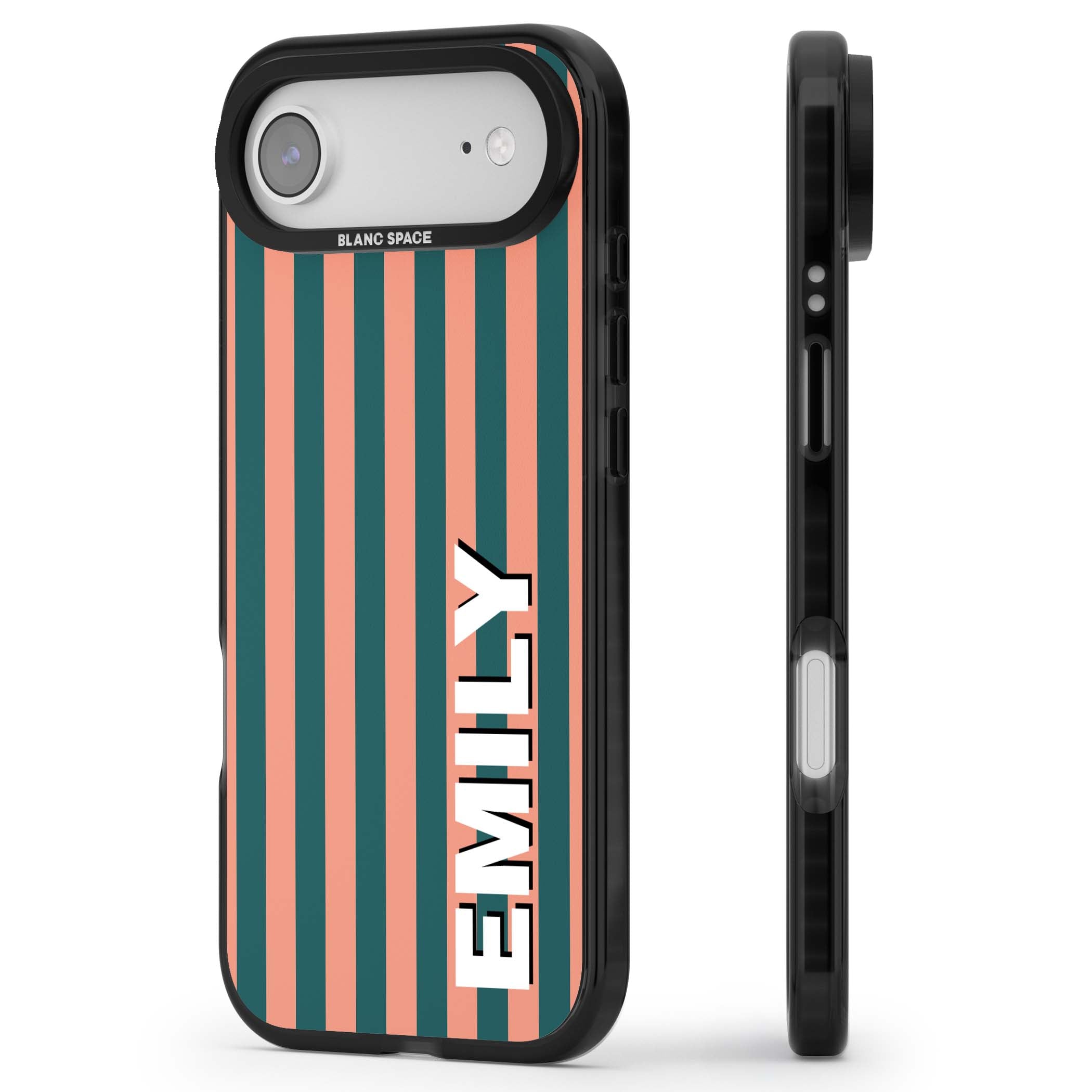 Tuscan Stripe personalised iPhone case featuring coral and green vertical stripes with bold custom name | Black Impact Magsafe case for iPhone Air