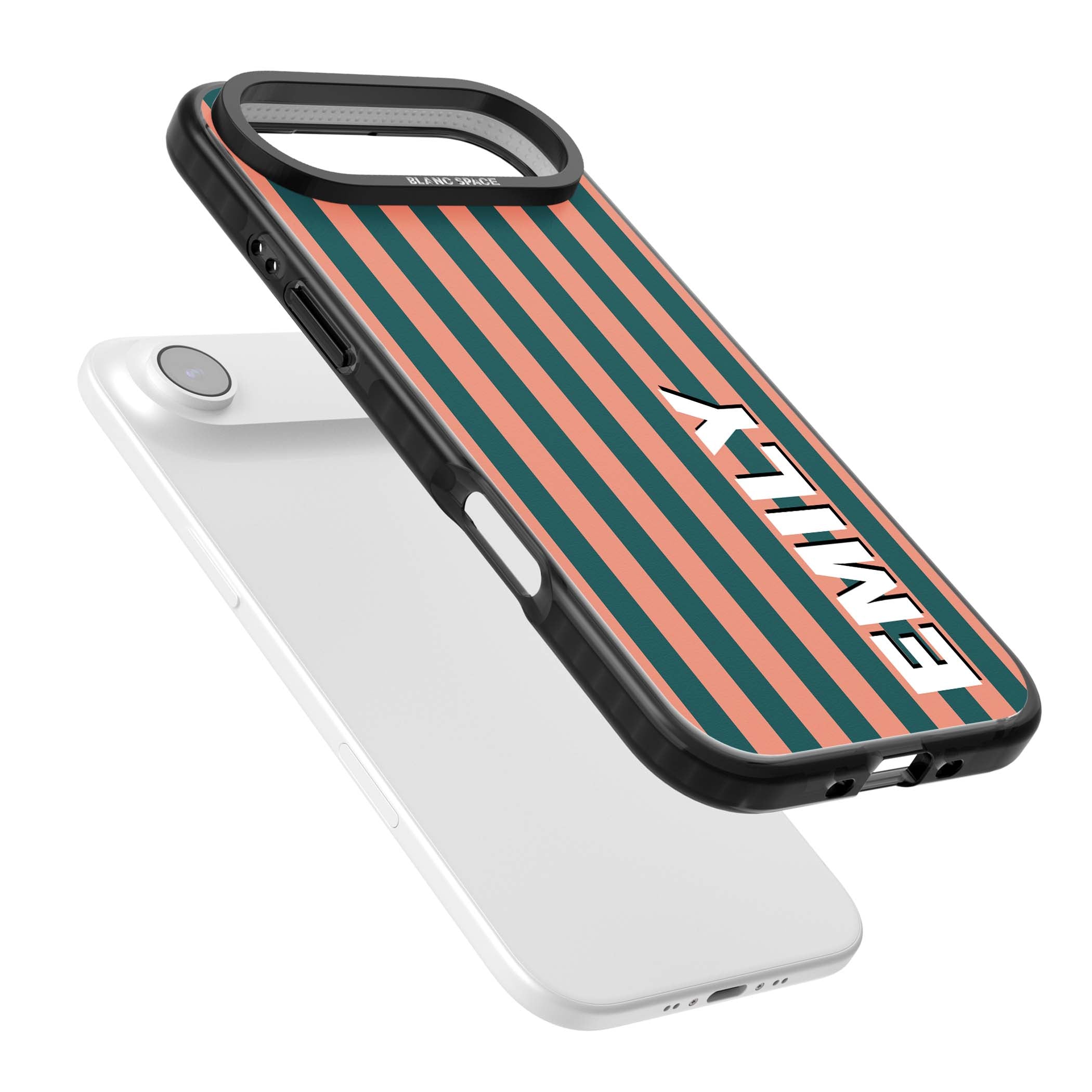 Tuscan Stripe personalised iPhone case featuring coral and green vertical stripes with bold custom name | Black Impact Magsafe case for iPhone Air