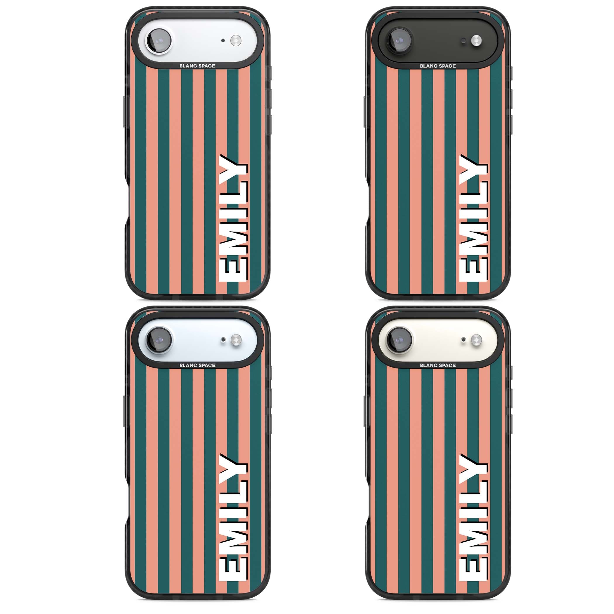 Tuscan Stripe personalised iPhone case featuring coral and green vertical stripes with bold custom name | Black Impact Magsafe case for iPhone Air