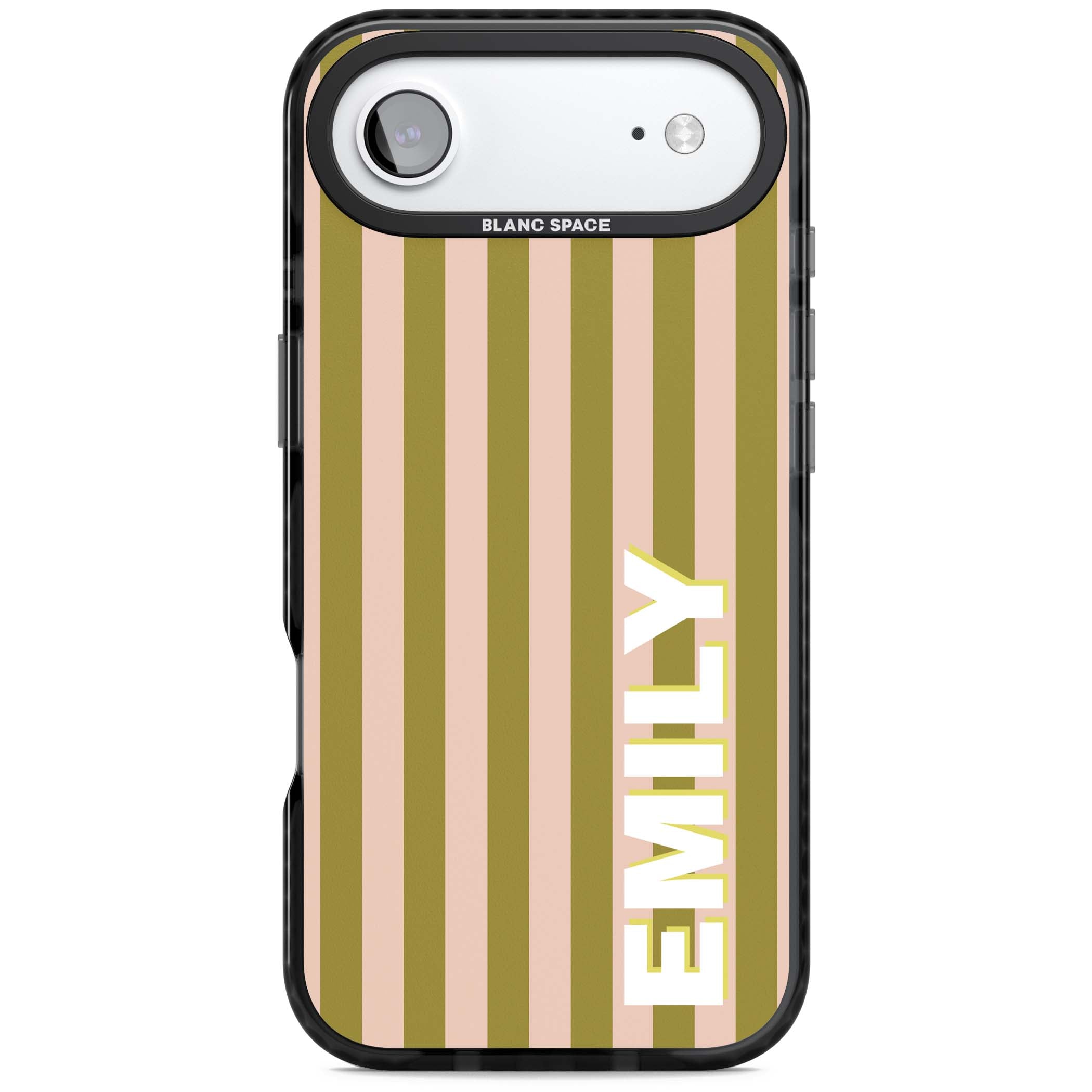 Indian Stripe personalised iPhone case featuring olive green and blush pink vertical stripes with custom name in whit | Black Impact Magsafe case for iPhone Air