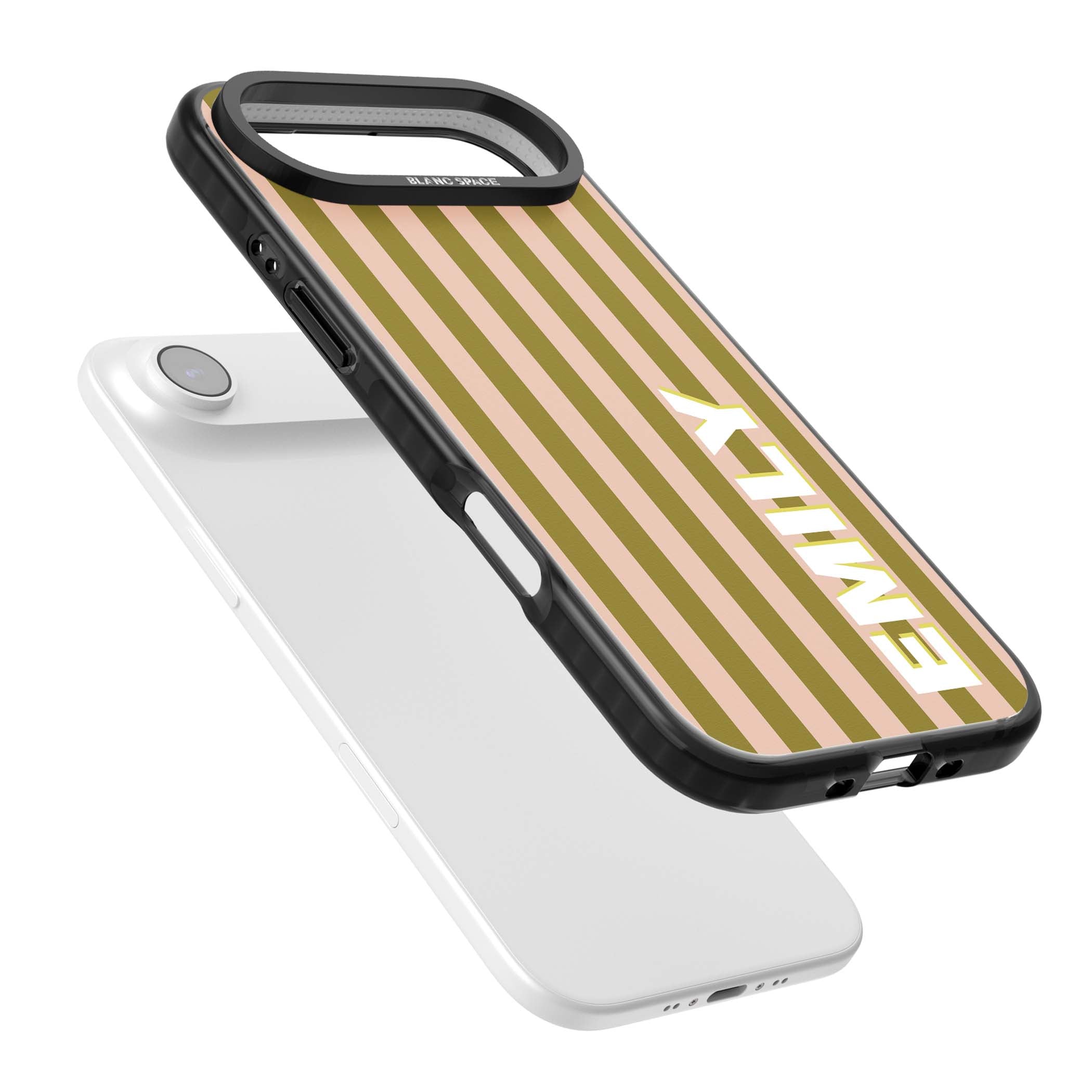 Indian Stripe personalised iPhone case featuring olive green and blush pink vertical stripes with custom name in whit | Black Impact Magsafe case for iPhone Air