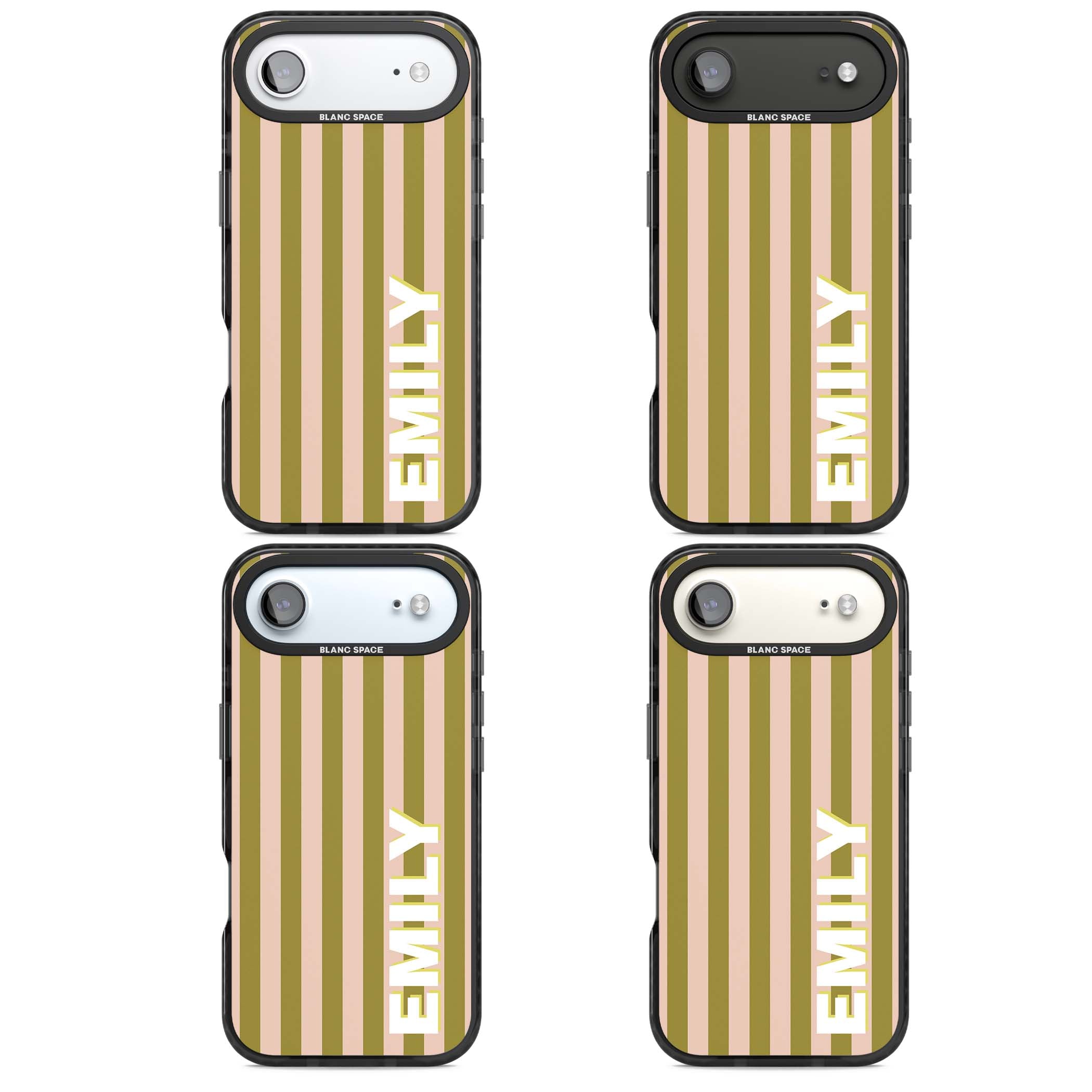 Indian Stripe personalised iPhone case featuring olive green and blush pink vertical stripes with custom name in whit | Black Impact Magsafe case for iPhone Air