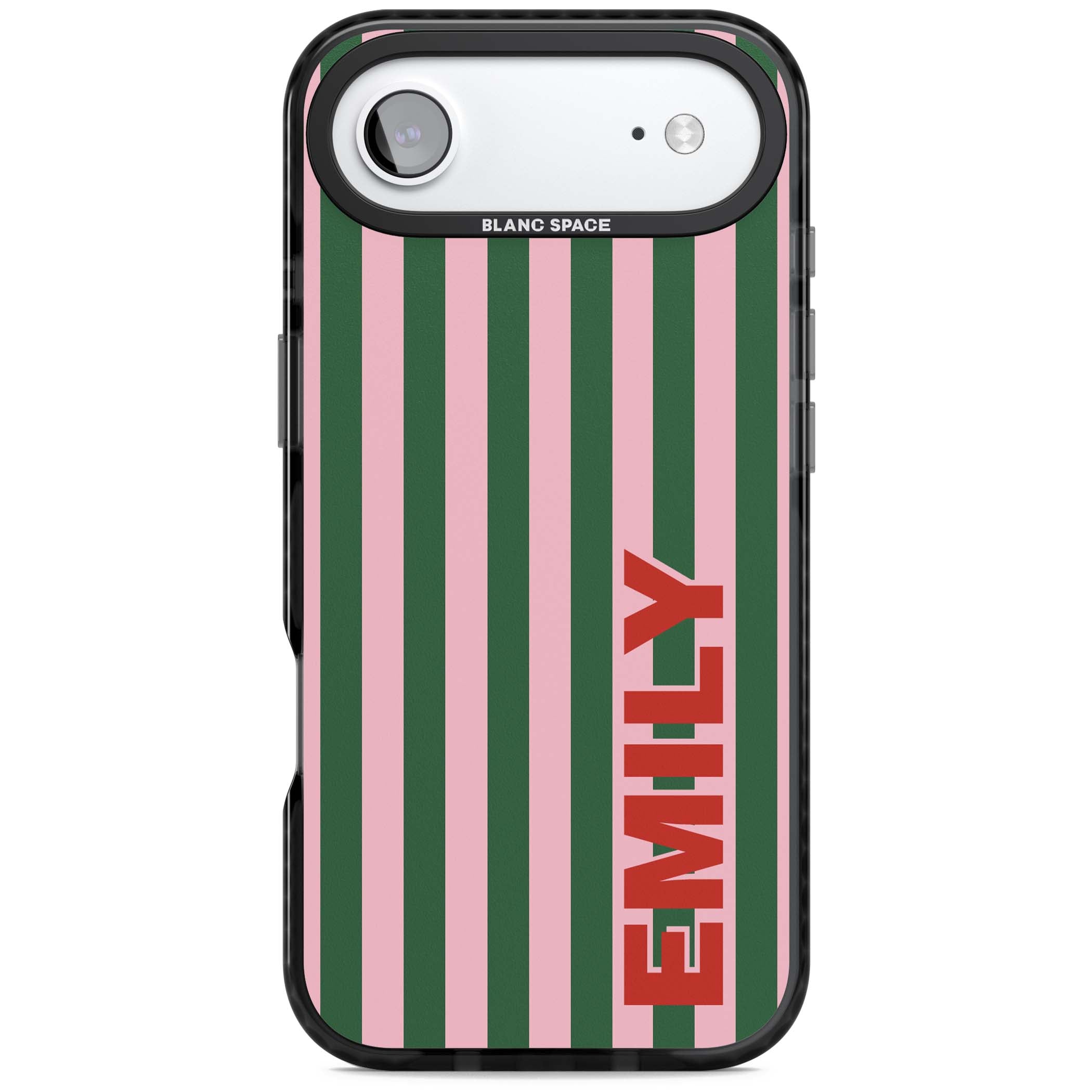 Italian Stripe preppy iPhone case featuring pink and green vertical stripes with personalised red name | Black Impact Magsafe case for iPhone Air