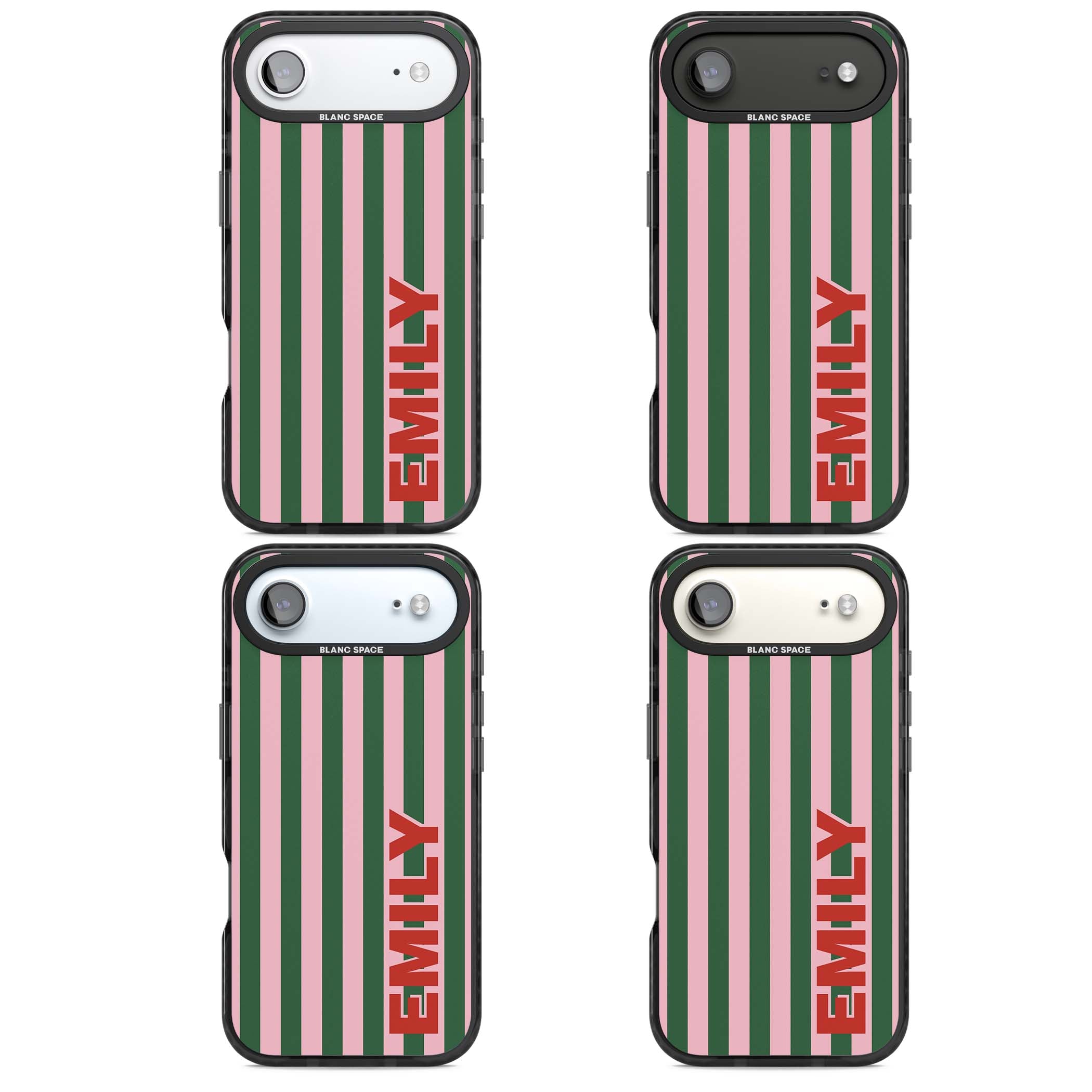 Italian Stripe preppy iPhone case featuring pink and green vertical stripes with personalised red name | Black Impact Magsafe case for iPhone Air