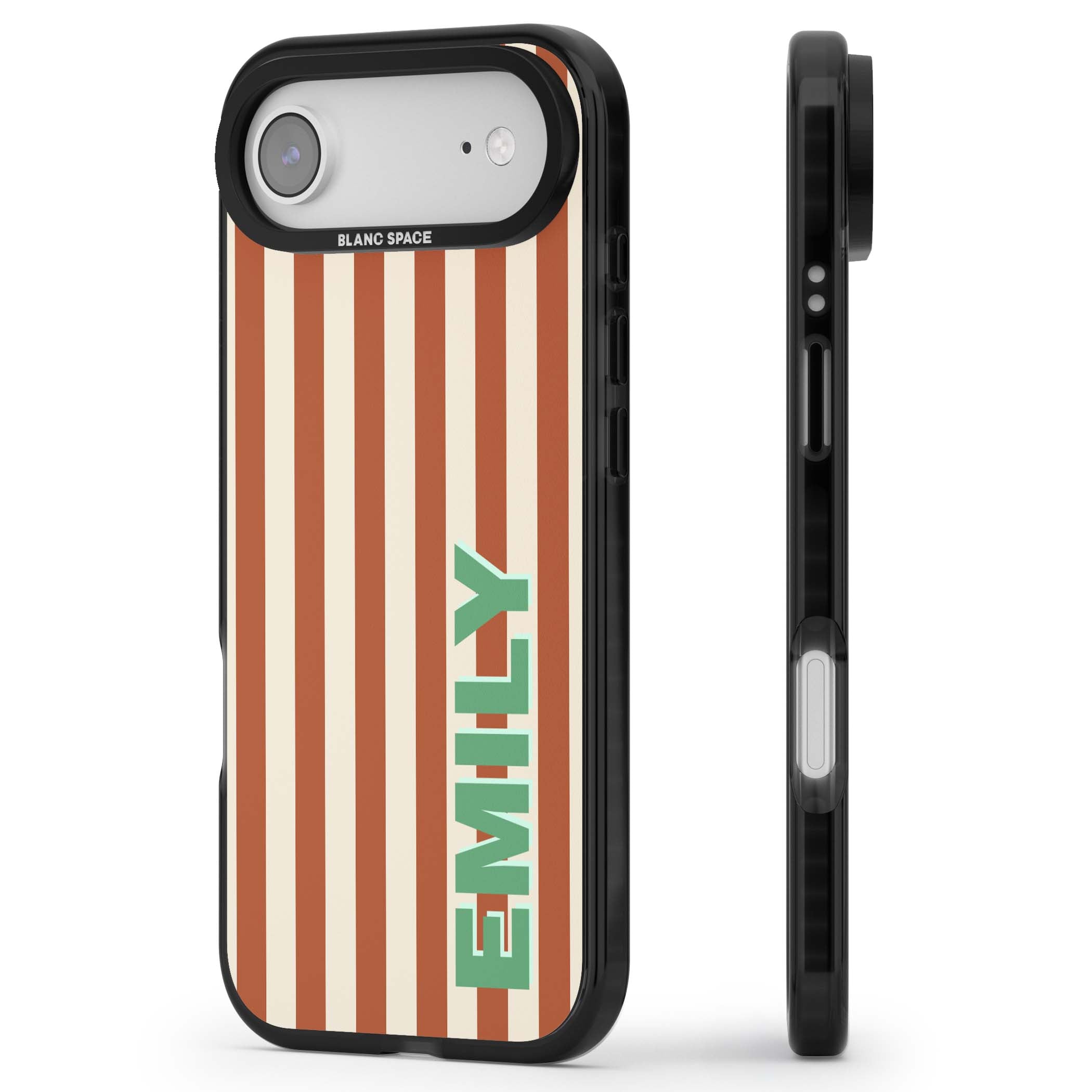 Dune Stripe personalised iPhone case with rust and cream vertical stripes and custom name in mint green | Black Impact Magsafe case for iPhone Air