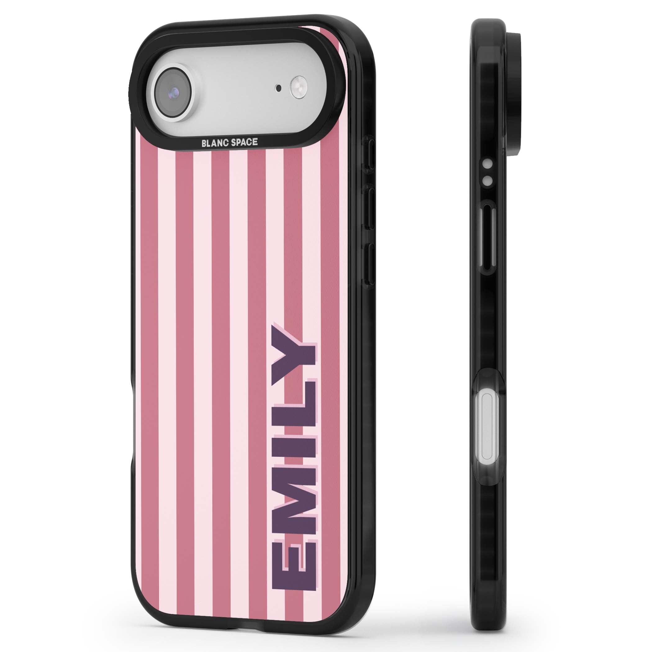 Victoria Stripe personalised iPhone case featuring pink vertical stripes and custom name in bold plum lettering | Black Impact Magsafe case for iPhone Air