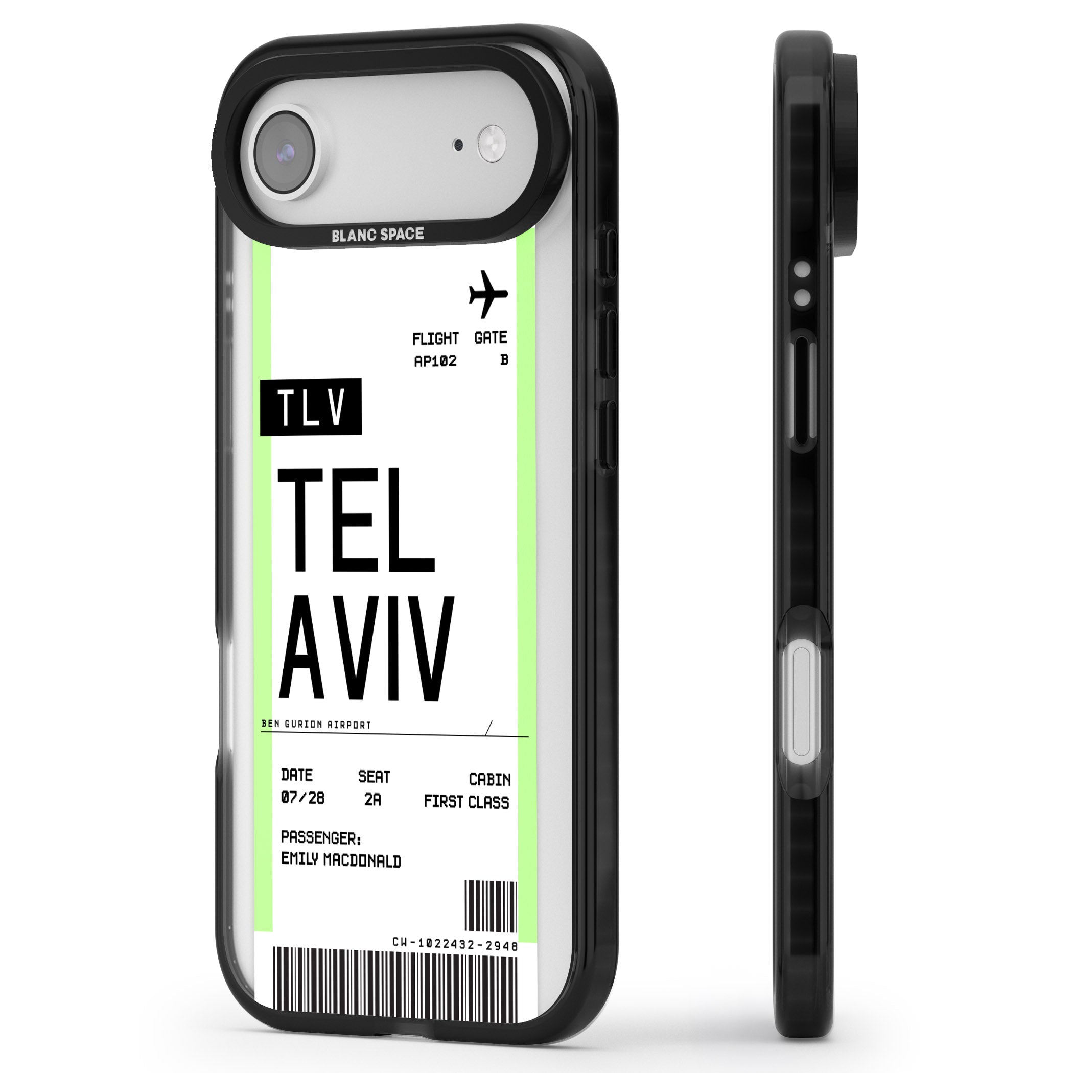 Personalised Tel Aviv Boarding Pass iPhone 17 Air Impact Pro Black Phone Case Side Profile