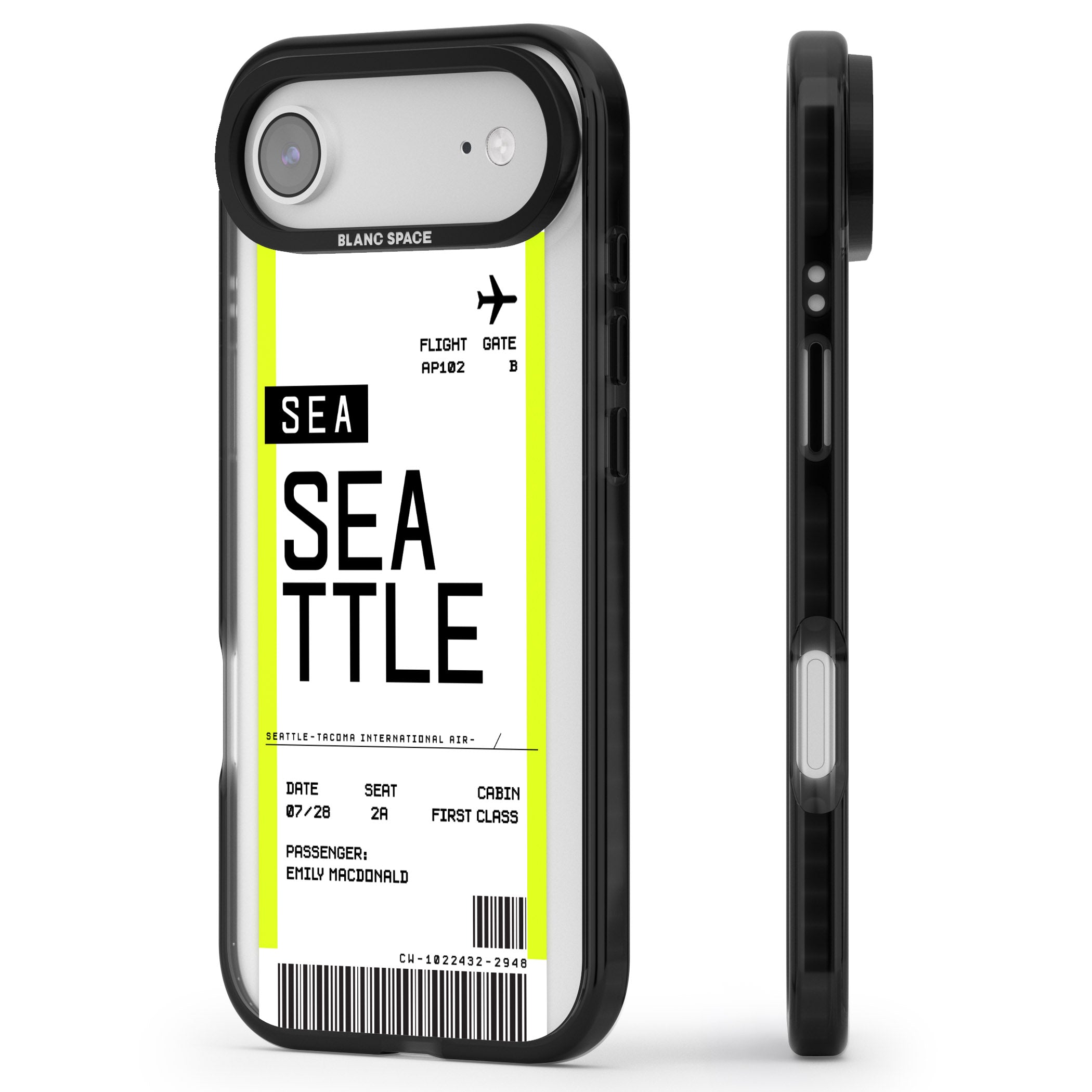 Personalised Seattle Boarding Pass iPhone 17 Air Impact Pro Black Phone Case Side Profile