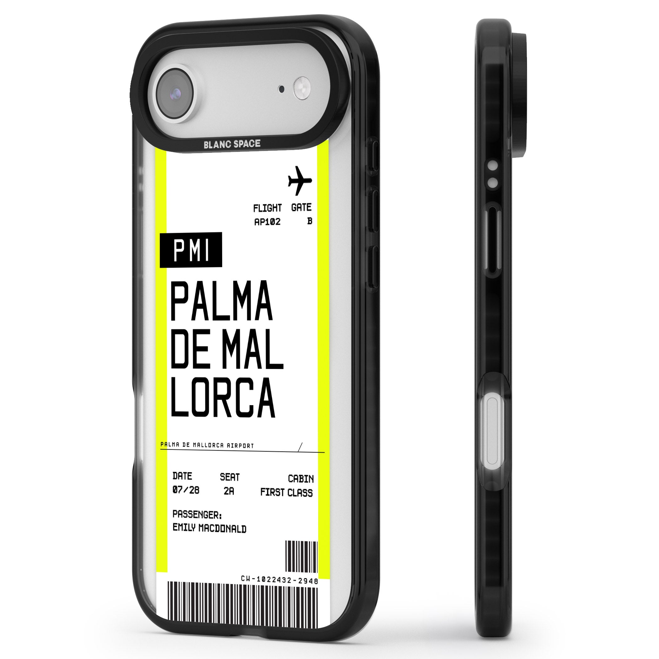 Personalised Palma De Mallorca Boarding Pass iPhone 17 Air Impact Pro Black Phone Case Side Profile