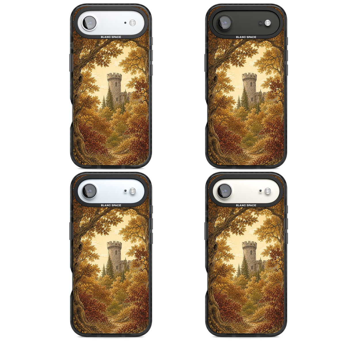 Autumn Keep cottagecore iPhone case featuring a medieval castle tower framed by golden autumn trees and woodland foliage | Black Impact Magsafe case for iPhone Air