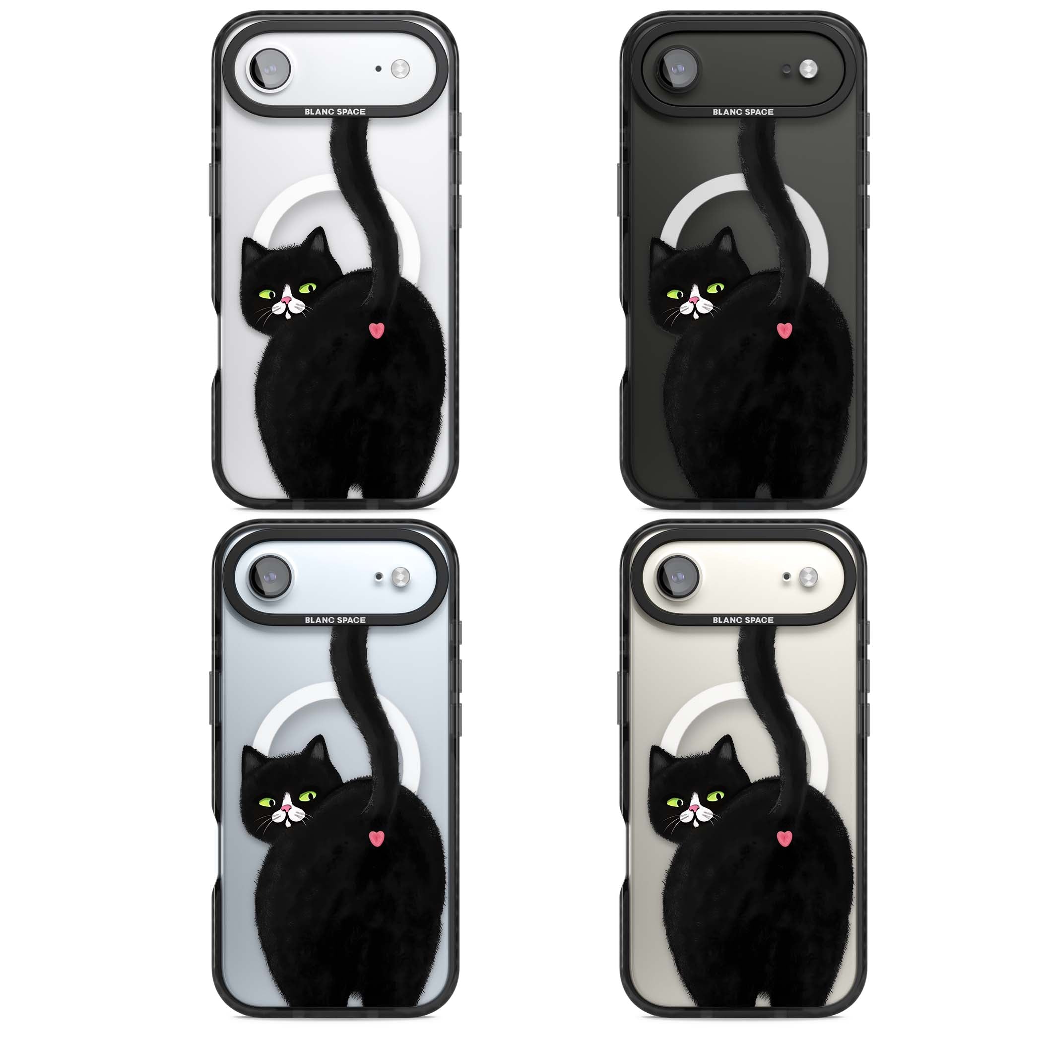 The Cat's Kiss cute cat iPhone case featuring a hand-painted tuxedo kitty with green eyes and a pink heart on a clear | Black Impact Magsafe case for iPhone Air