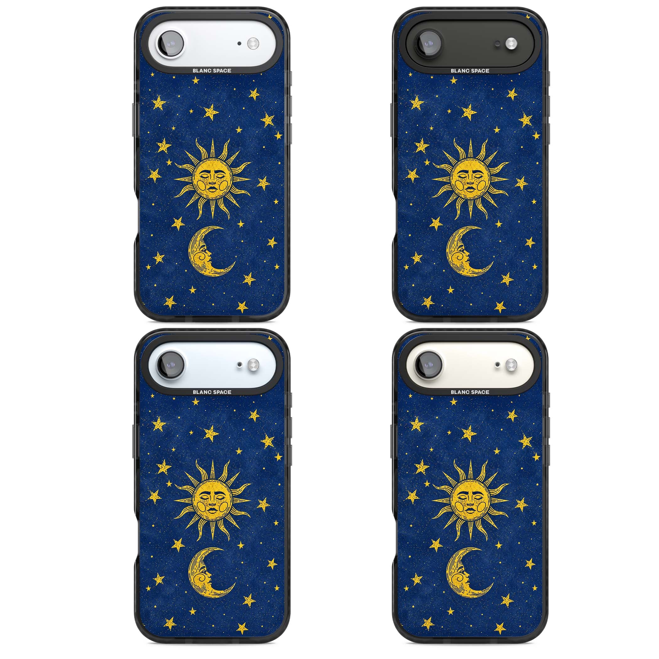 Sun & Moon Reverie celestial iPhone case featuring a vintage golden sun, crescent moon and scattered stars on midnight blue | Black Impact Magsafe case for iPhone Air