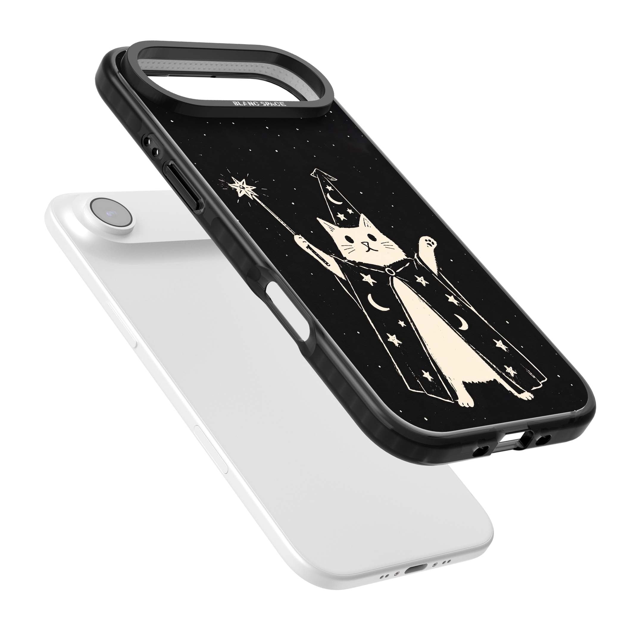 Whisker Wizard celestial cat iPhone case featuring a wizard cat with magic wand, starry night sky and crescent moons | Black Impact Magsafe case for iPhone Air