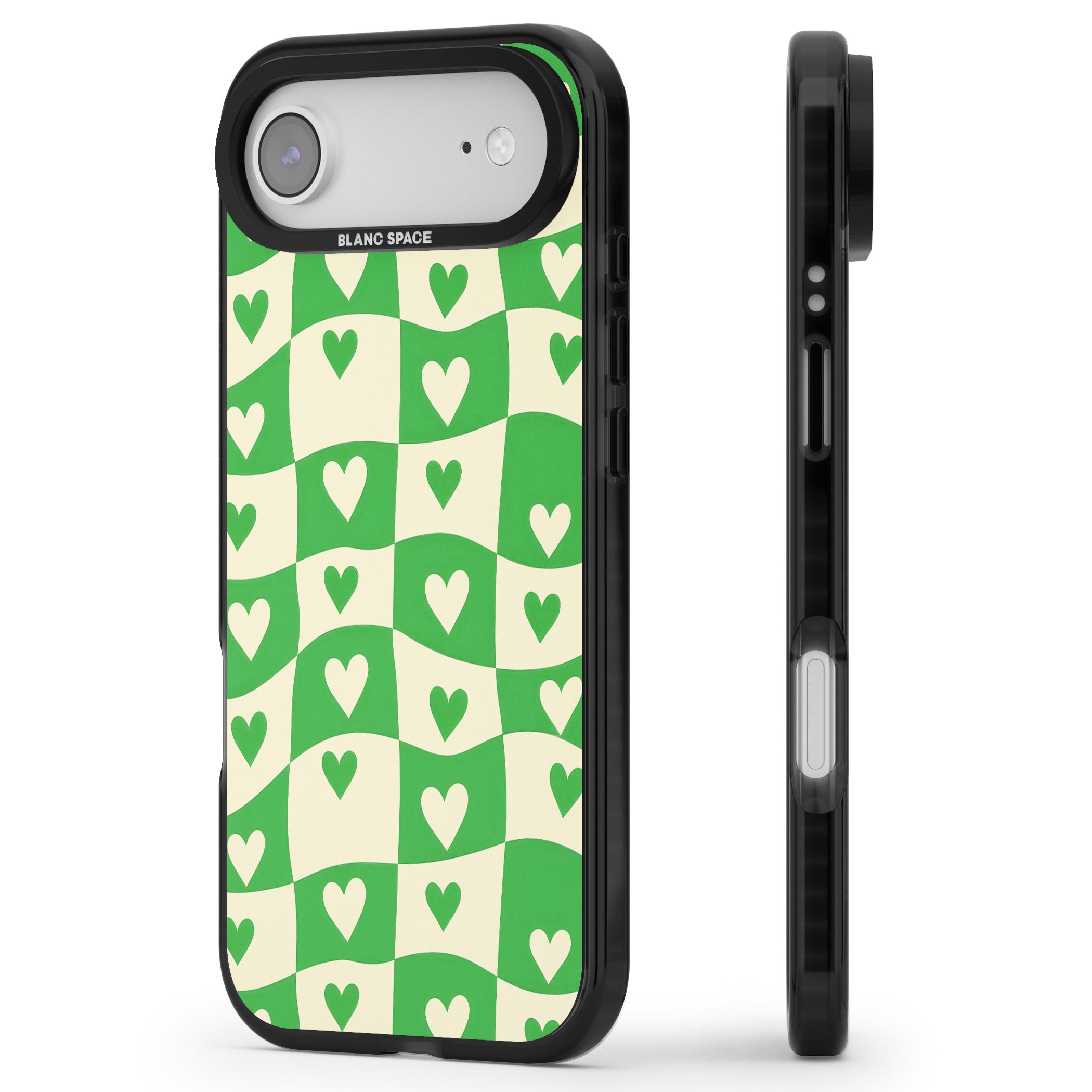 Green Wavy Checked Hearts iPhone 17 Air Impact Pro Black Phone Case Side Profile
