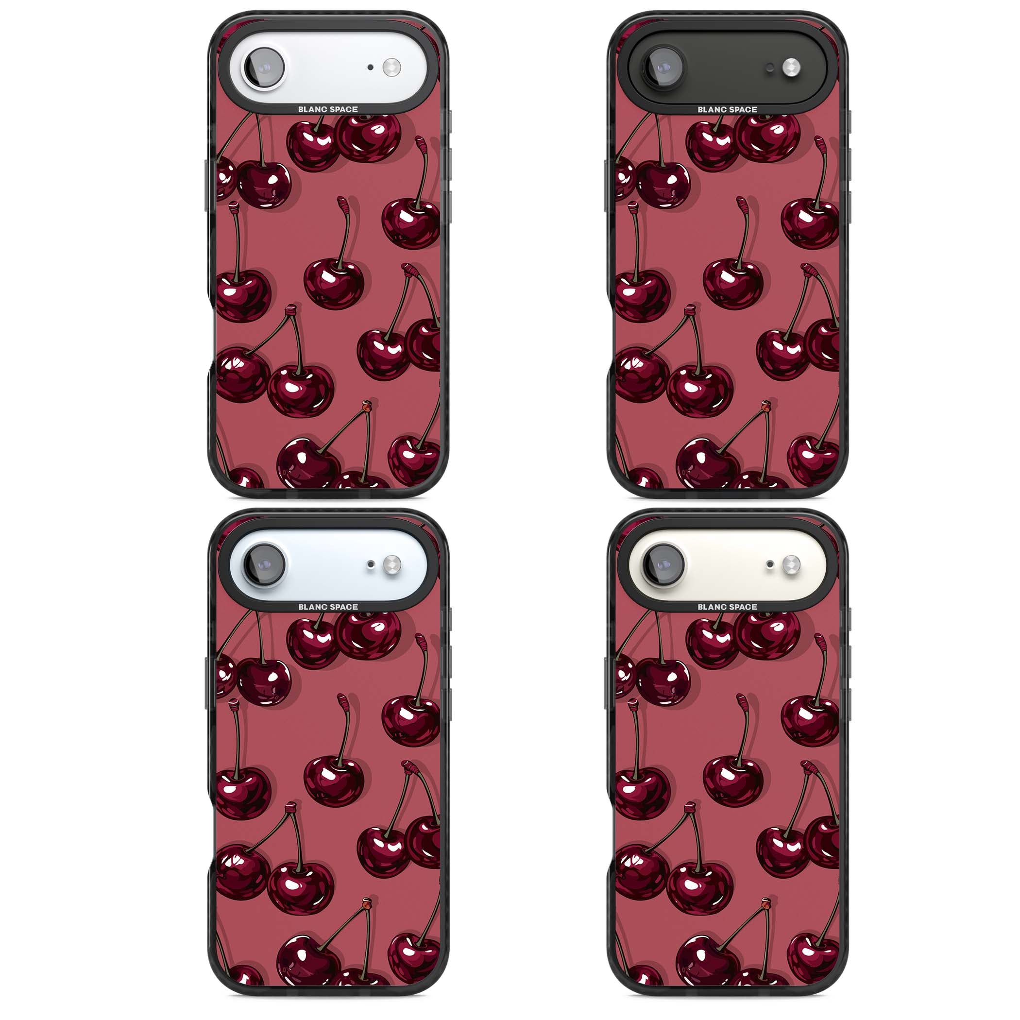 Cherry Rebel coquette iPhone case featuring glossy burgundy cherries on a dusty rose background | Black Impact Magsafe case for iPhone Air