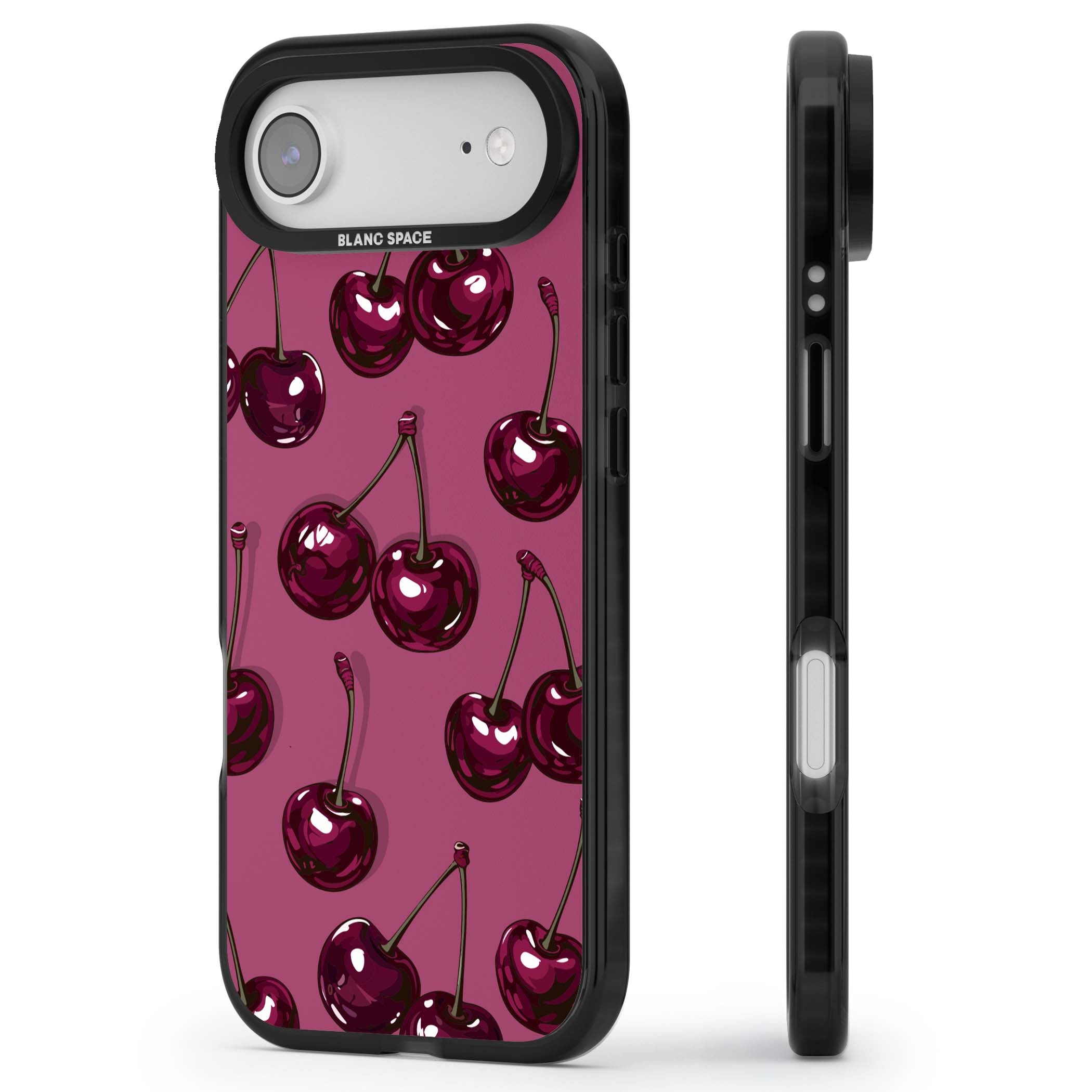 Cherry Soda coquette iPhone case featuring glossy burgundy cherries on a dusty pink background | Black Impact Magsafe case for iPhone Air
