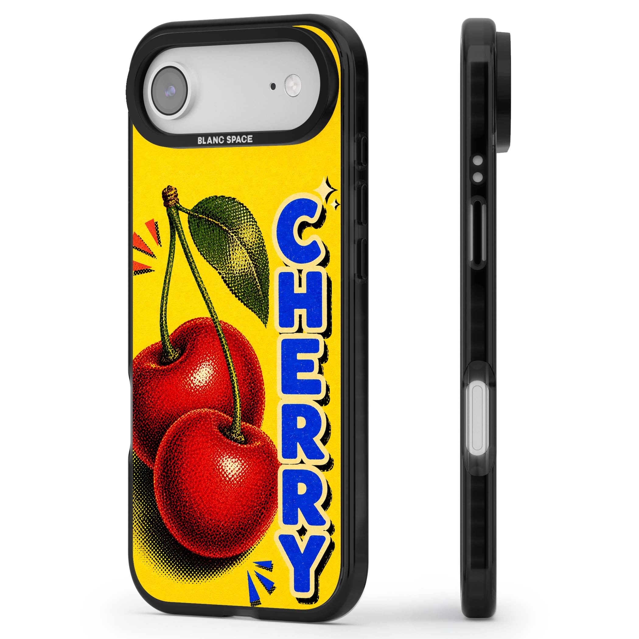Cherry Yellow y2k iPhone case featuring two red cherries, halftone shading and bold blue CHERRY lettering on yellow | Black Impact Magsafe case for iPhone Air