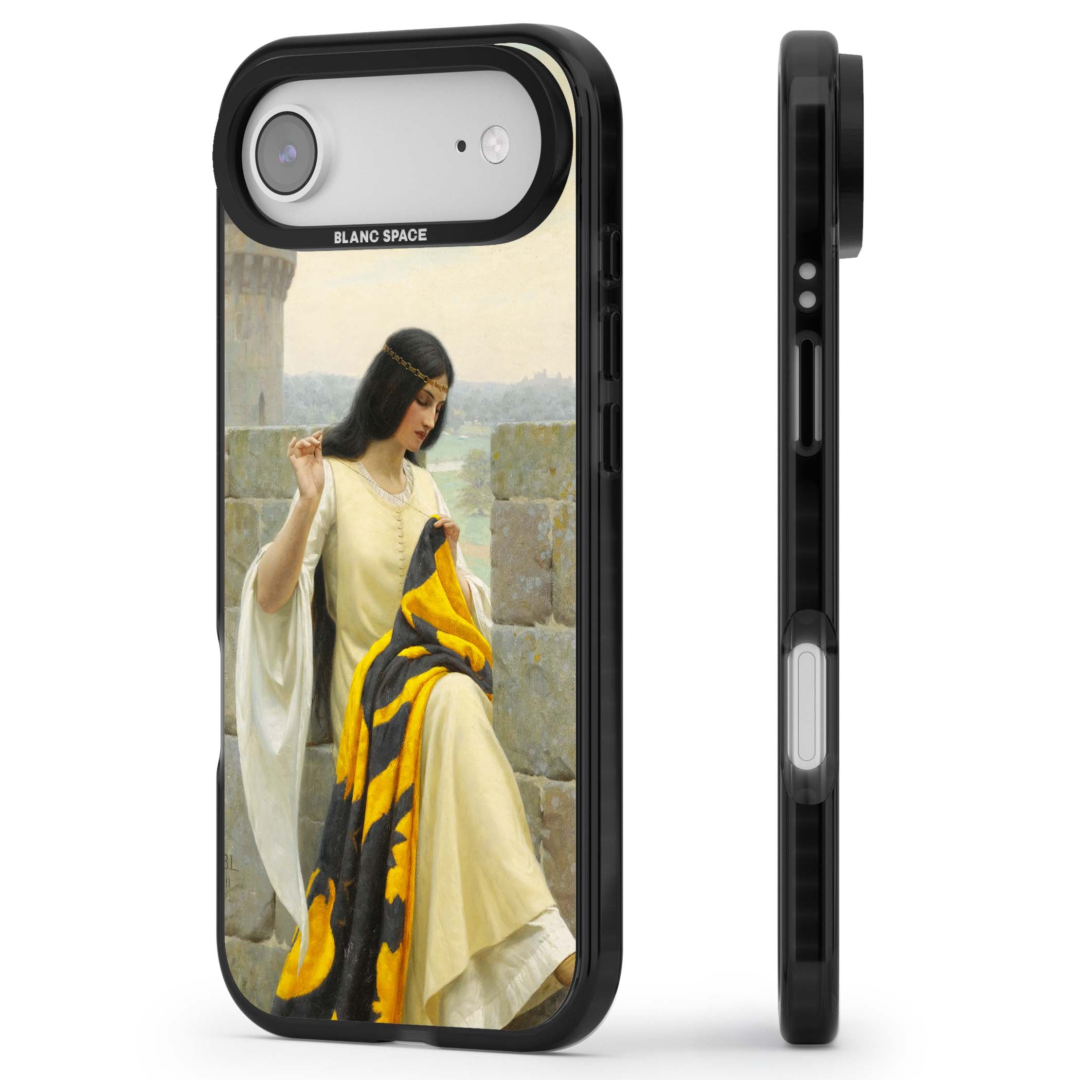 Stitching the Standard renaissance art iPhone case featuring a medieval lady sewing a golden banner on a castle wall | Black Impact Magsafe case for iPhone Air