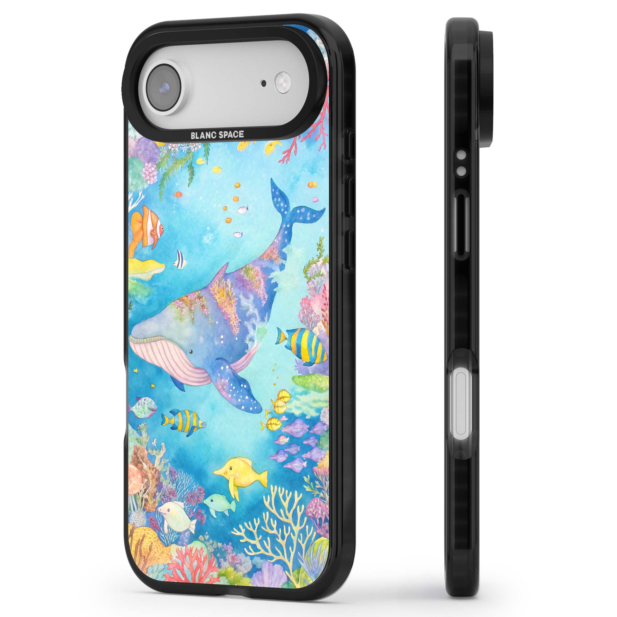 Coral Lagoon ocean iPhone case featuring a watercolour whale, coral reef and tropical fish | Black Impact Magsafe case for iPhone Air