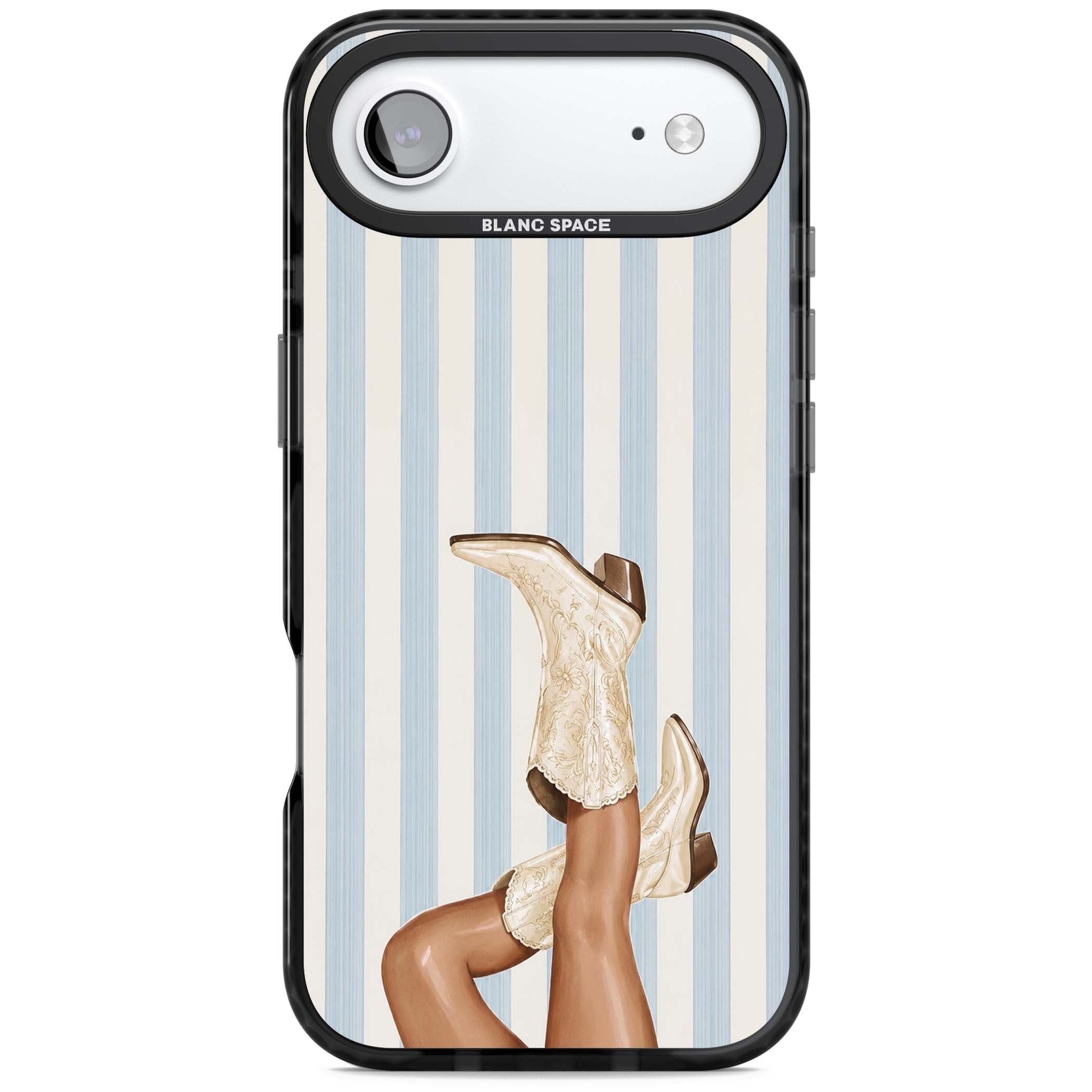 Cowgirl Boots coastal cowgirl iPhone case featuring embroidered western boots, tanned legs and a blue stripe backdrop | Black Impact Magsafe case for iPhone Air