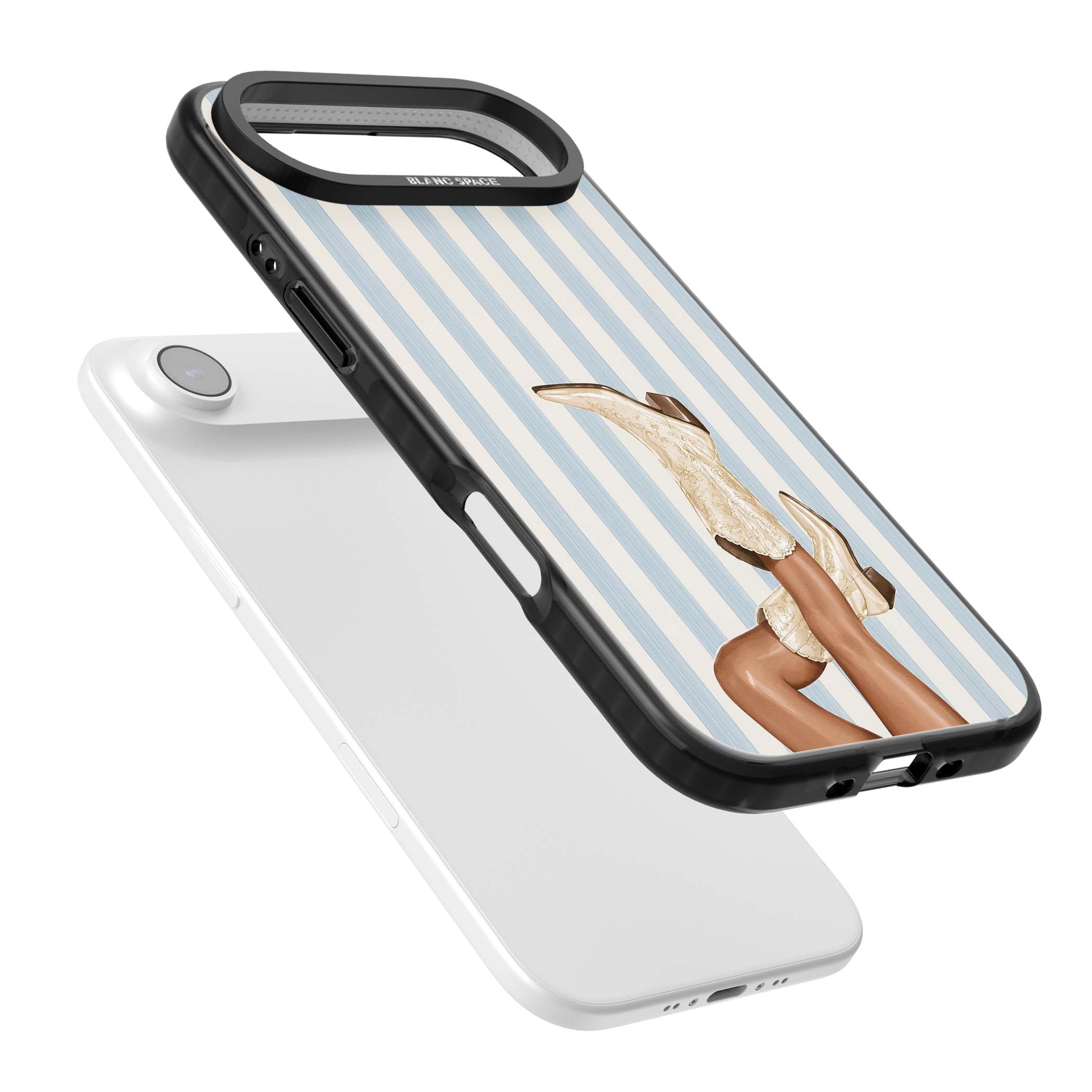 Cowgirl Boots coastal cowgirl iPhone case featuring embroidered western boots, tanned legs and a blue stripe backdrop | Black Impact Magsafe case for iPhone Air
