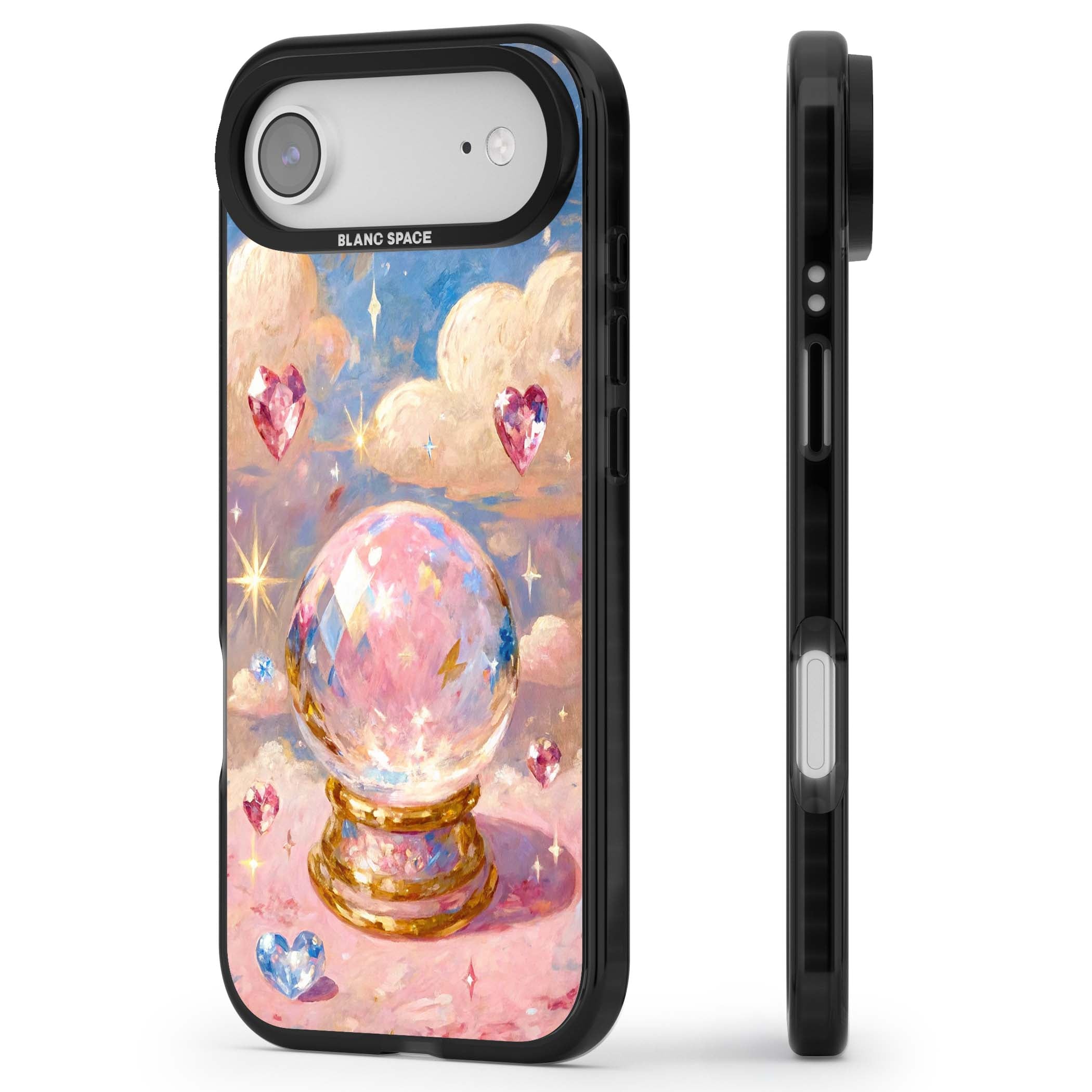 Crystal Ball fairycore iPhone case featuring a painted crystal ball, heart gemstones, and pastel clouds | Black Impact Magsafe case for iPhone Air
