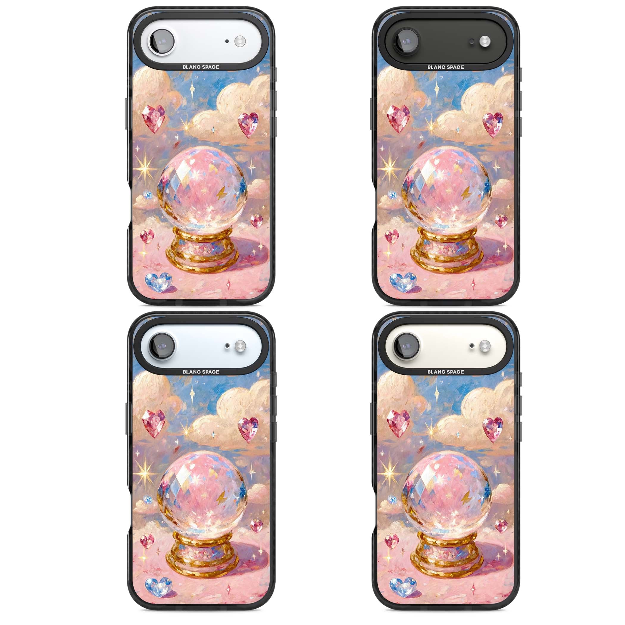 Crystal Ball fairycore iPhone case featuring a painted crystal ball, heart gemstones, and pastel clouds | Black Impact Magsafe case for iPhone Air