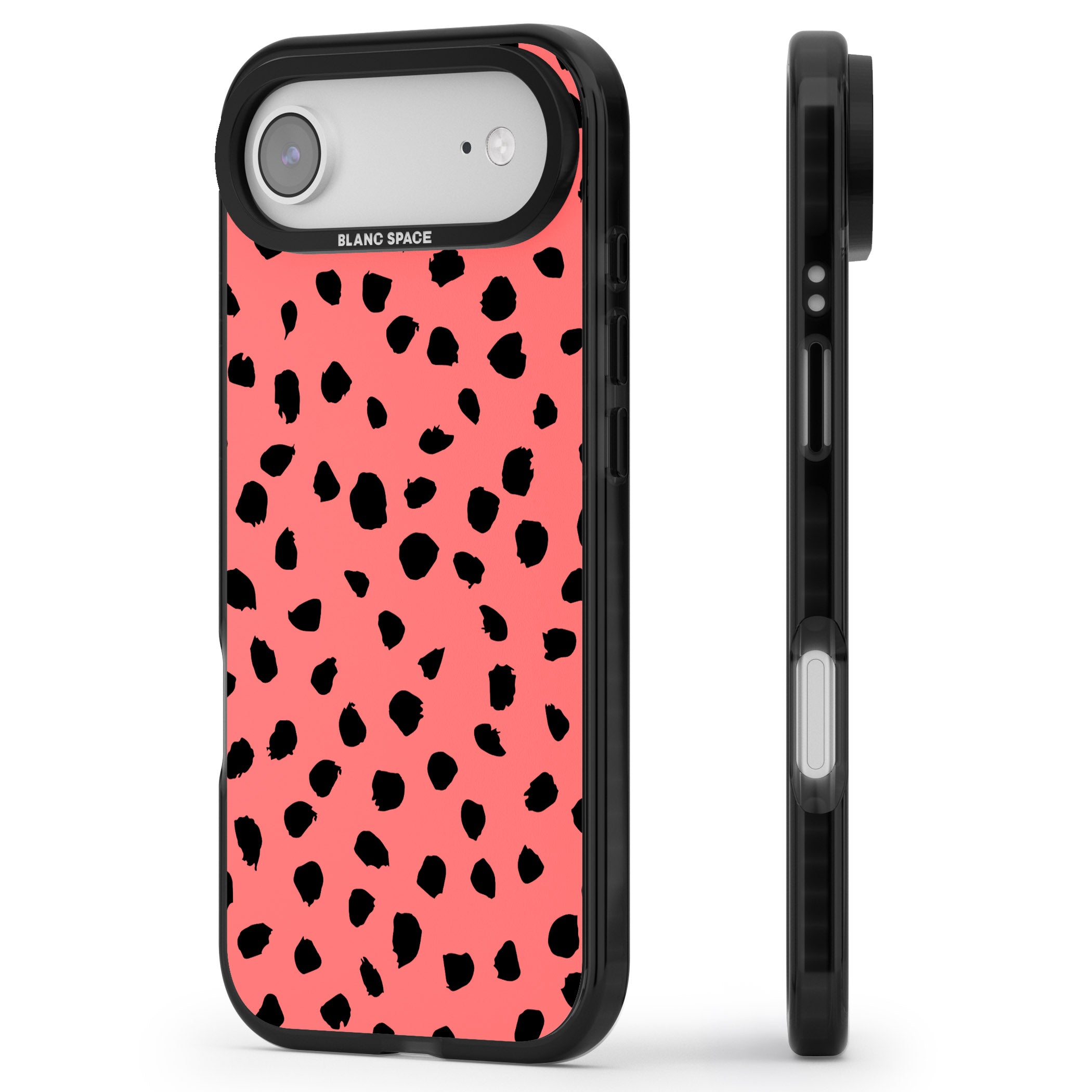 Black Dalmatian Spots On Coral iPhone 17 Air Impact Pro Black Phone Case Side Profile