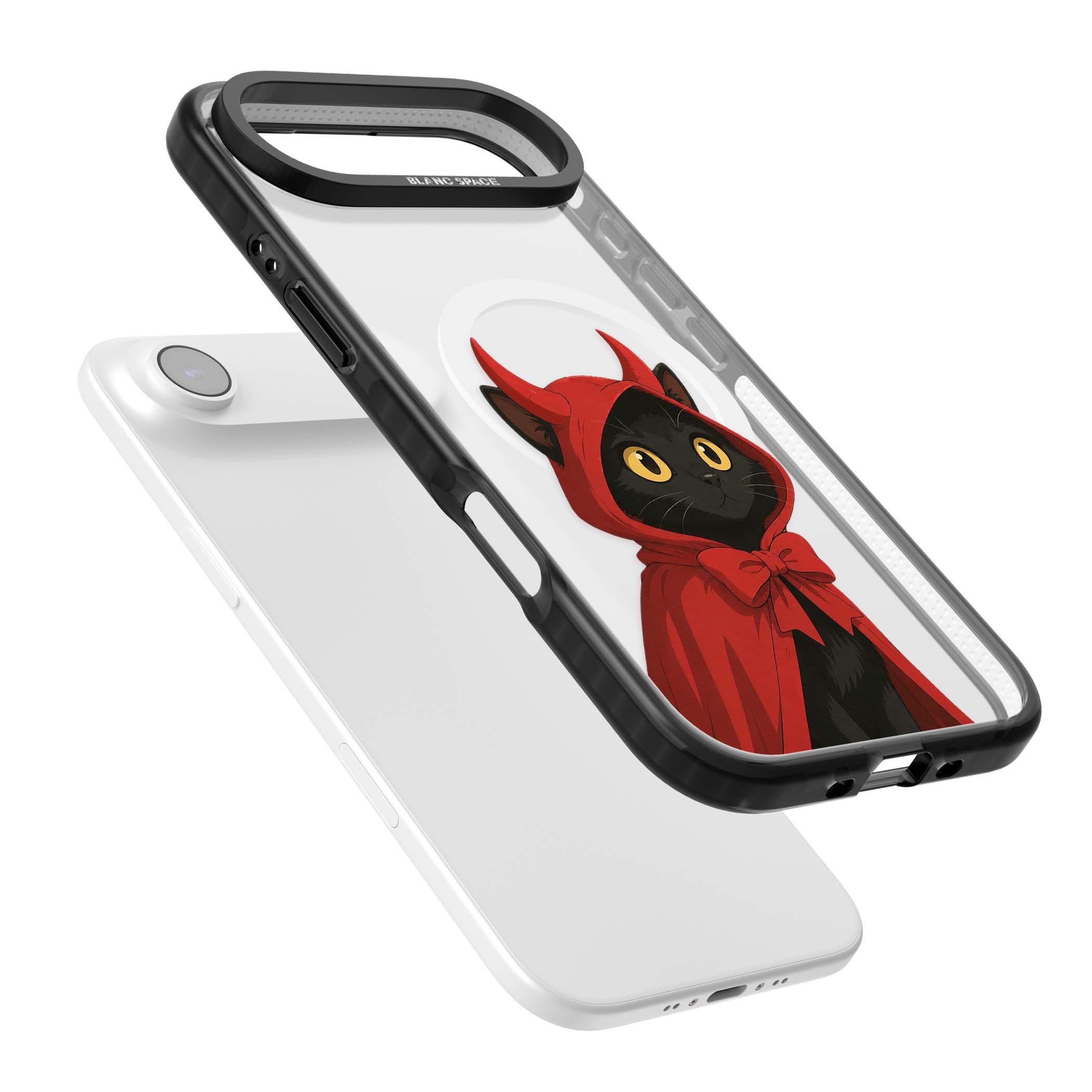 Little Devil halloween iPhone case featuring a black cat in a red hooded devil cloak with horns and golden eyes | Black Impact Magsafe case for iPhone Air