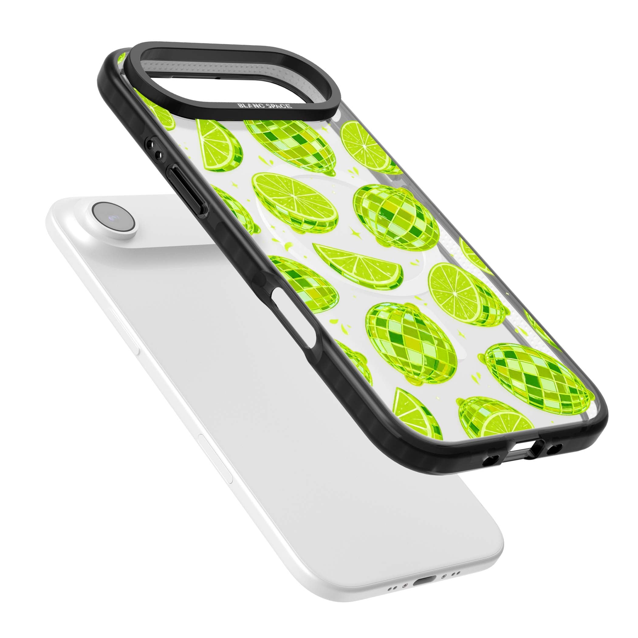 Disco Limes fruit aesthetic iPhone case featuring green disco balls, lime slices and citrus sparkles | Black Impact Magsafe case for iPhone Air