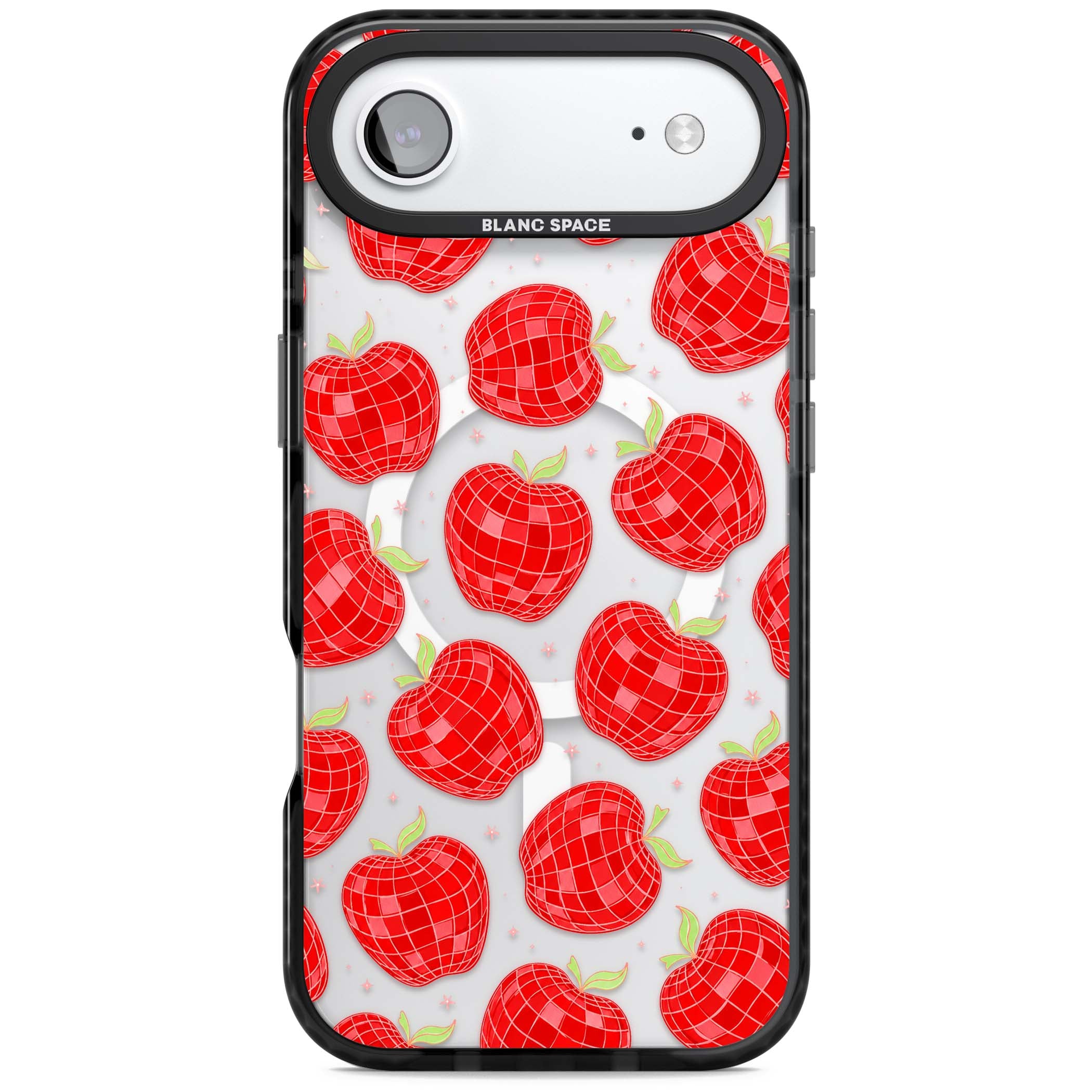 Disco Apples Y2K iPhone case featuring red disco ball apples, green leaves and pink sparkles on clear | Black Impact Magsafe case for iPhone Air