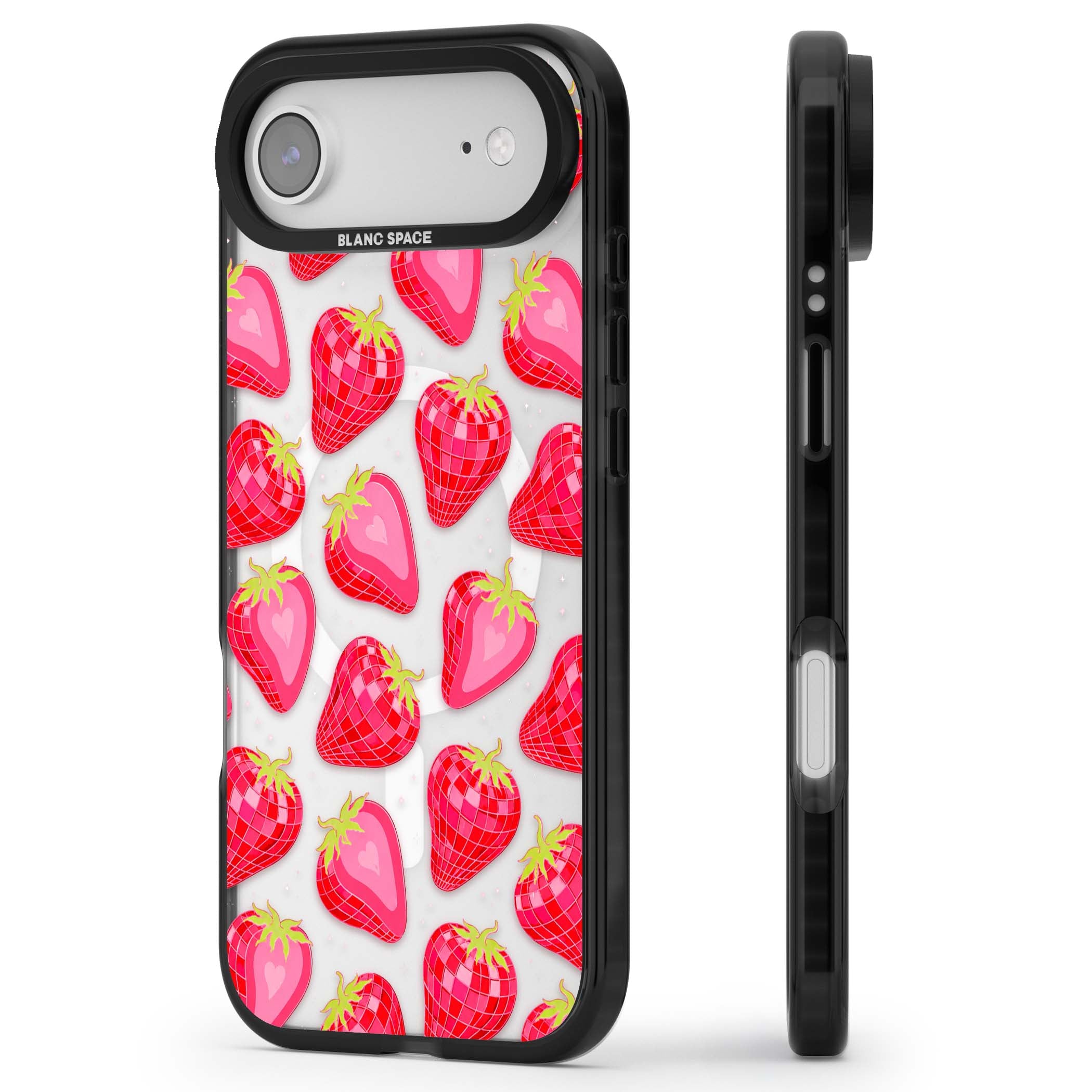 Disco Strawberry Y2K iPhone case featuring pink disco-ball strawberries, green leaves and tiny sparkles | Black Impact Magsafe case for iPhone Air