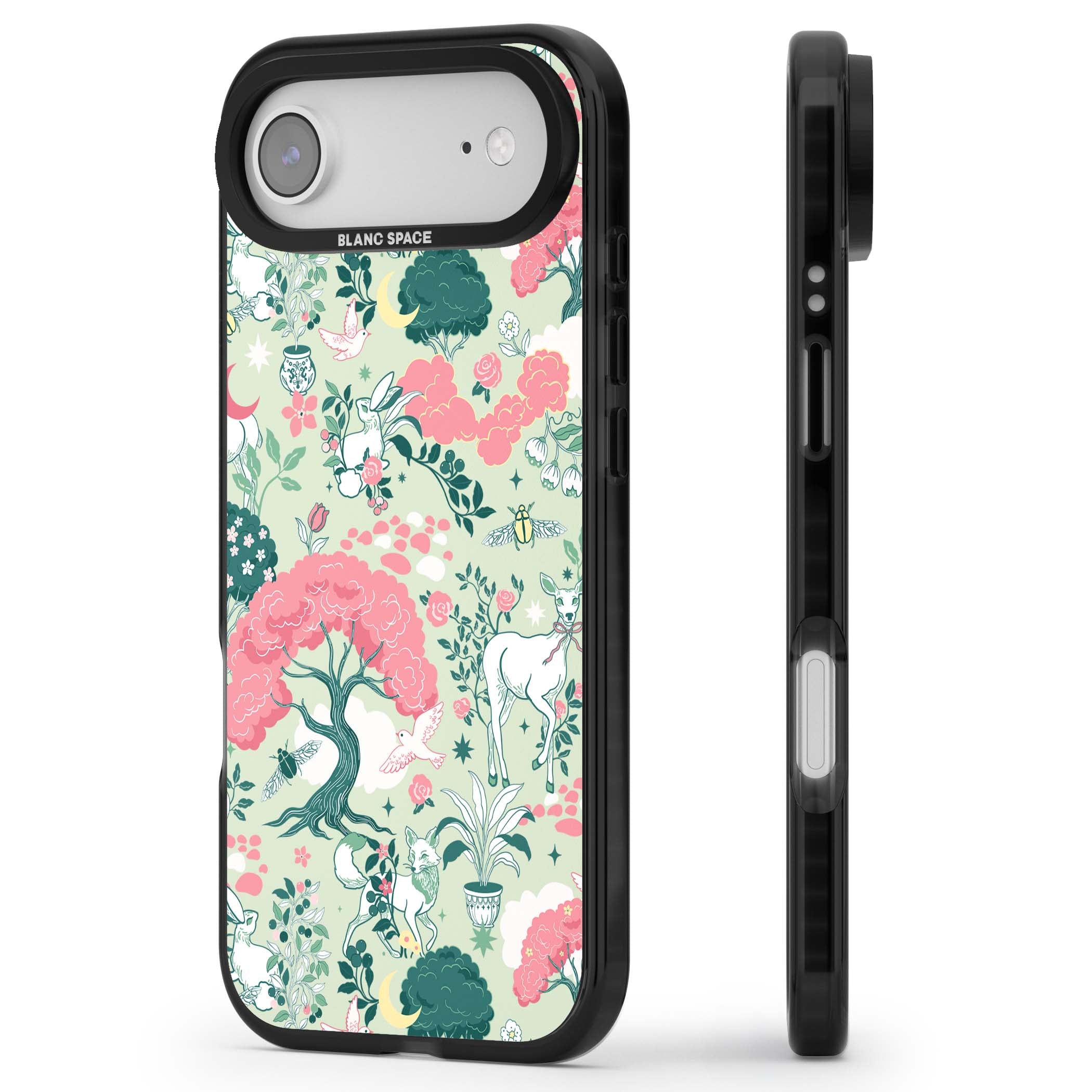 Enchanted Woodland cottagecore iPhone case featuring white deer, pink roses, mushrooms and woodland animals on sage green | Black Impact Magsafe case for iPhone Air