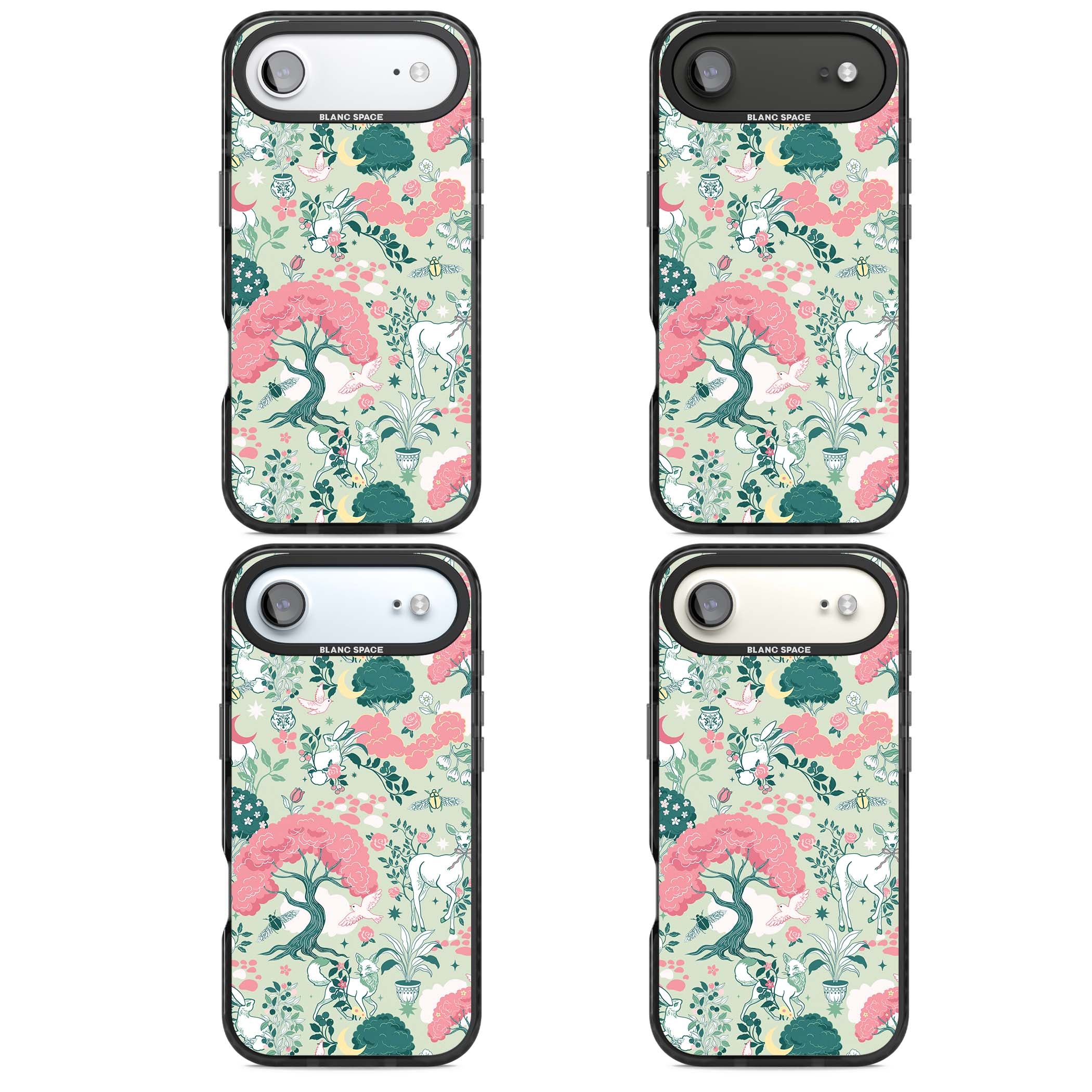 Enchanted Woodland cottagecore iPhone case featuring white deer, pink roses, mushrooms and woodland animals on sage green | Black Impact Magsafe case for iPhone Air