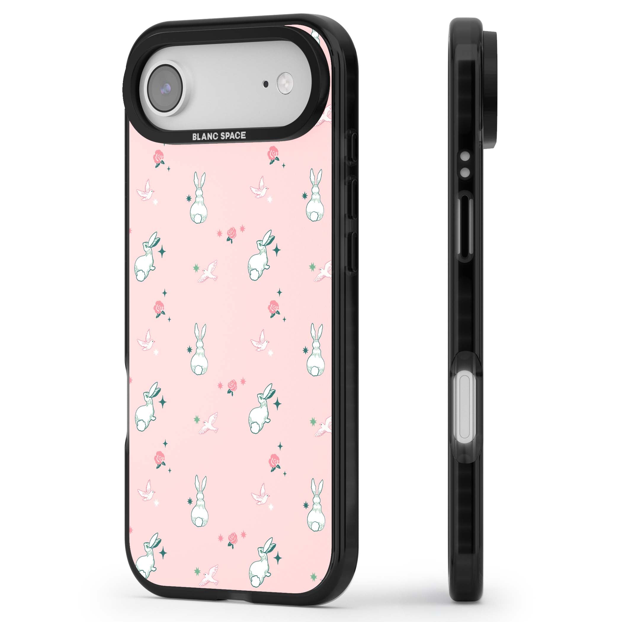 Bunny Garden kawaii iPhone case featuring white rabbits, pink roses, doves and stars on pink background | Black Impact Magsafe case for iPhone Air