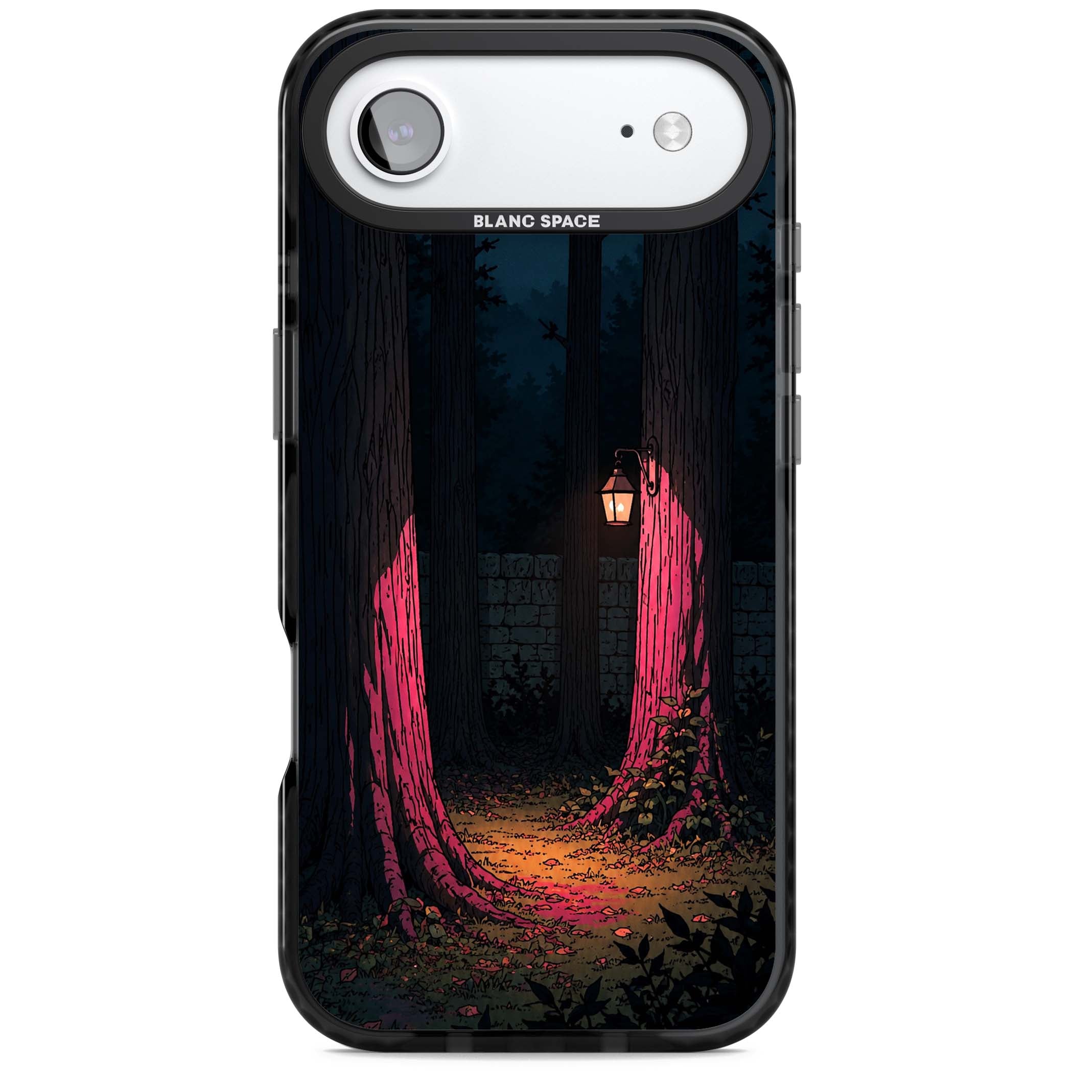 Forest Lantern dark academia iPhone case featuring a moonlit forest, glowing lantern, and stone wall pathway | Black Impact Magsafe case for iPhone Air