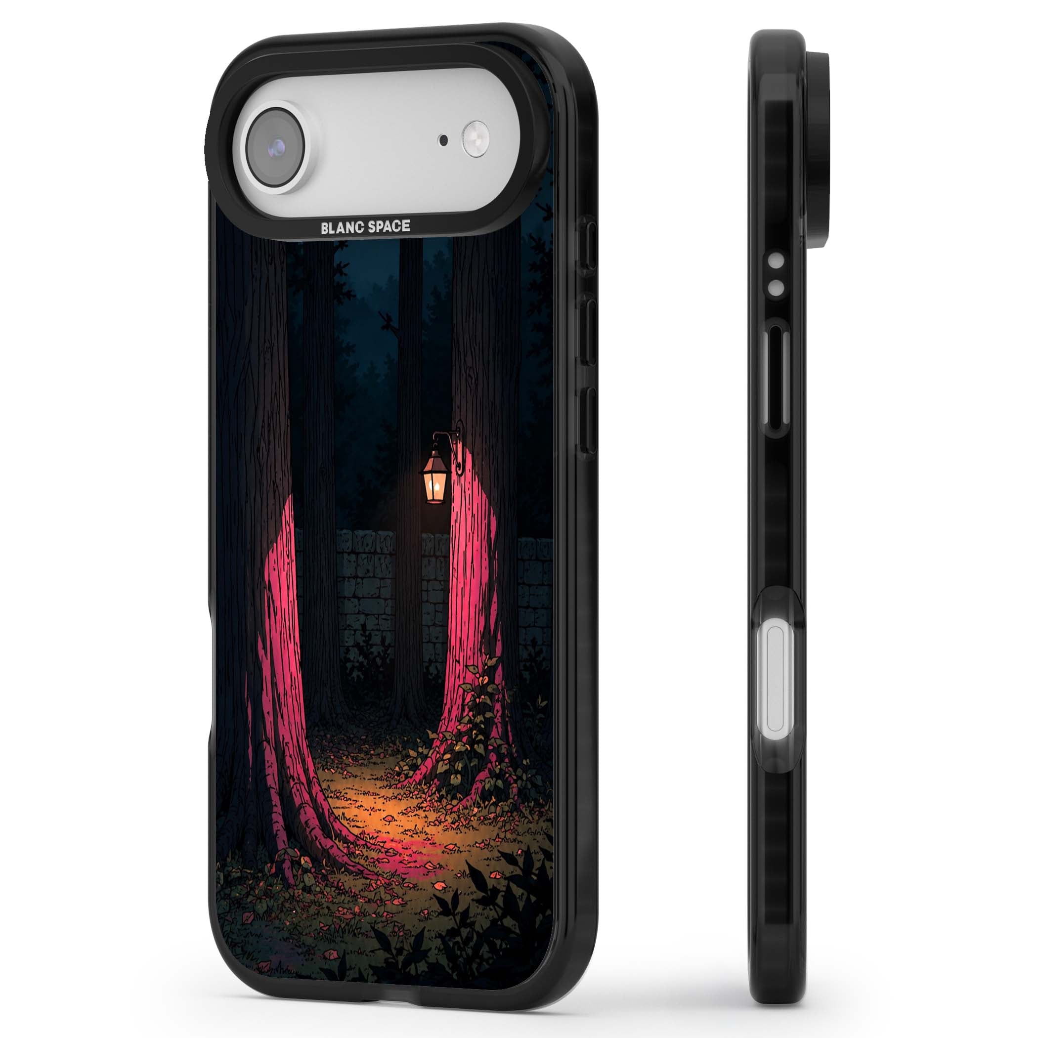 Forest Lantern dark academia iPhone case featuring a moonlit forest, glowing lantern, and stone wall pathway | Black Impact Magsafe case for iPhone Air