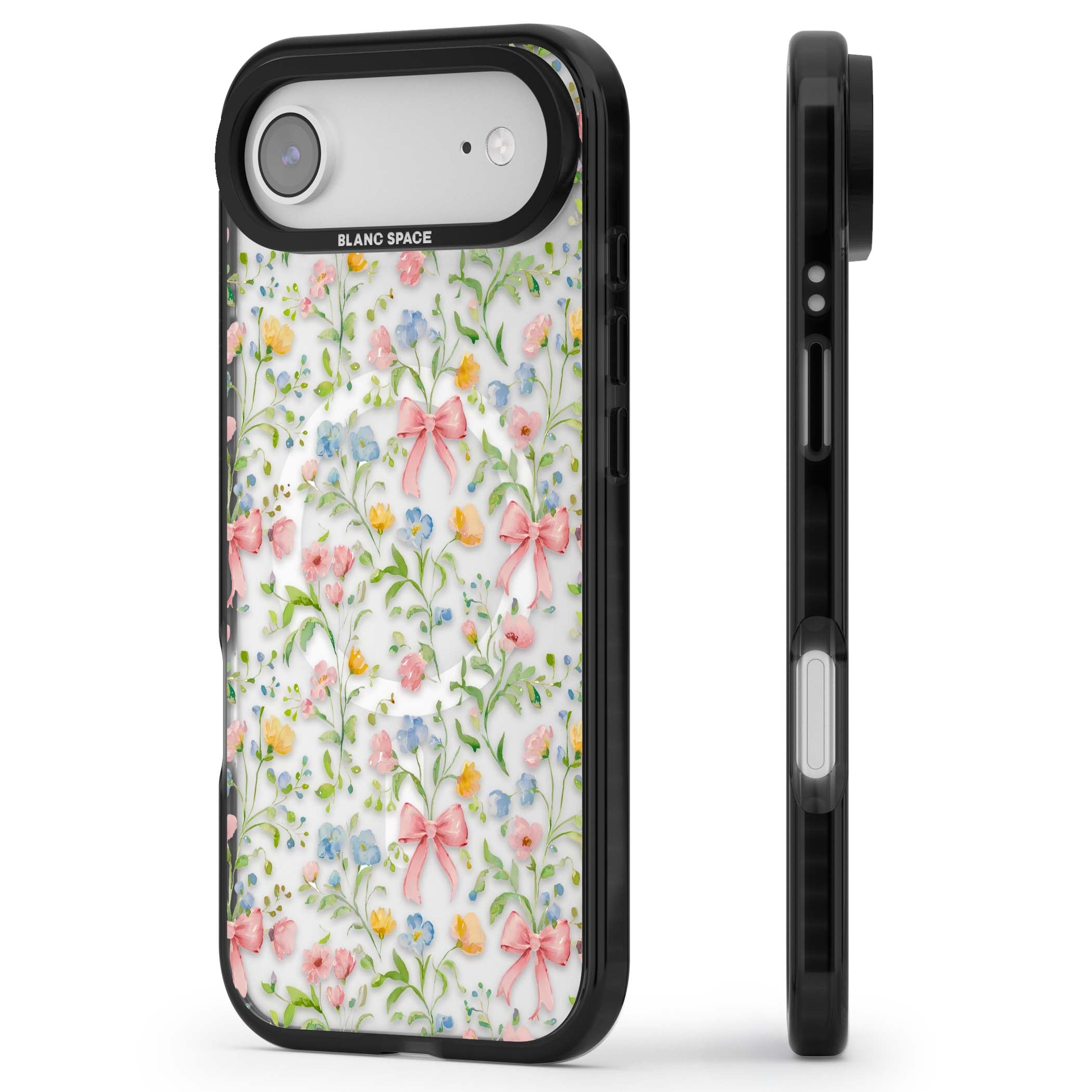 Ribbons & Wildflowers cottagecore iPhone case featuring watercolor wildflowers, pink satin bows, and delicate spring blooms o | Black Impact Magsafe case for iPhone Air