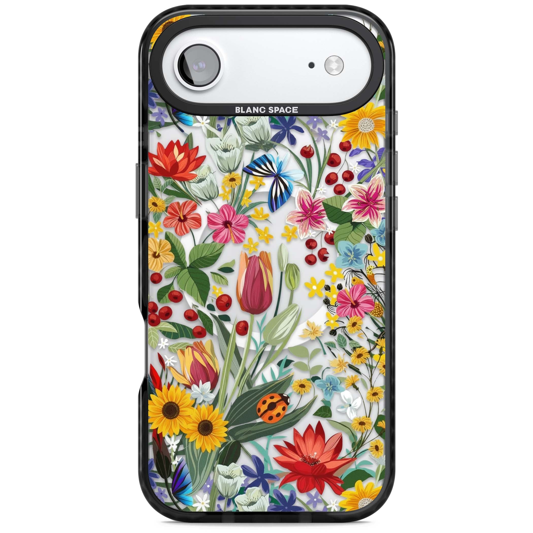 Botanical Bloom cottagecore iPhone case featuring colorful wildflowers, sunflowers, and ladybugs on clear background | Black Impact Magsafe case for iPhone Air
