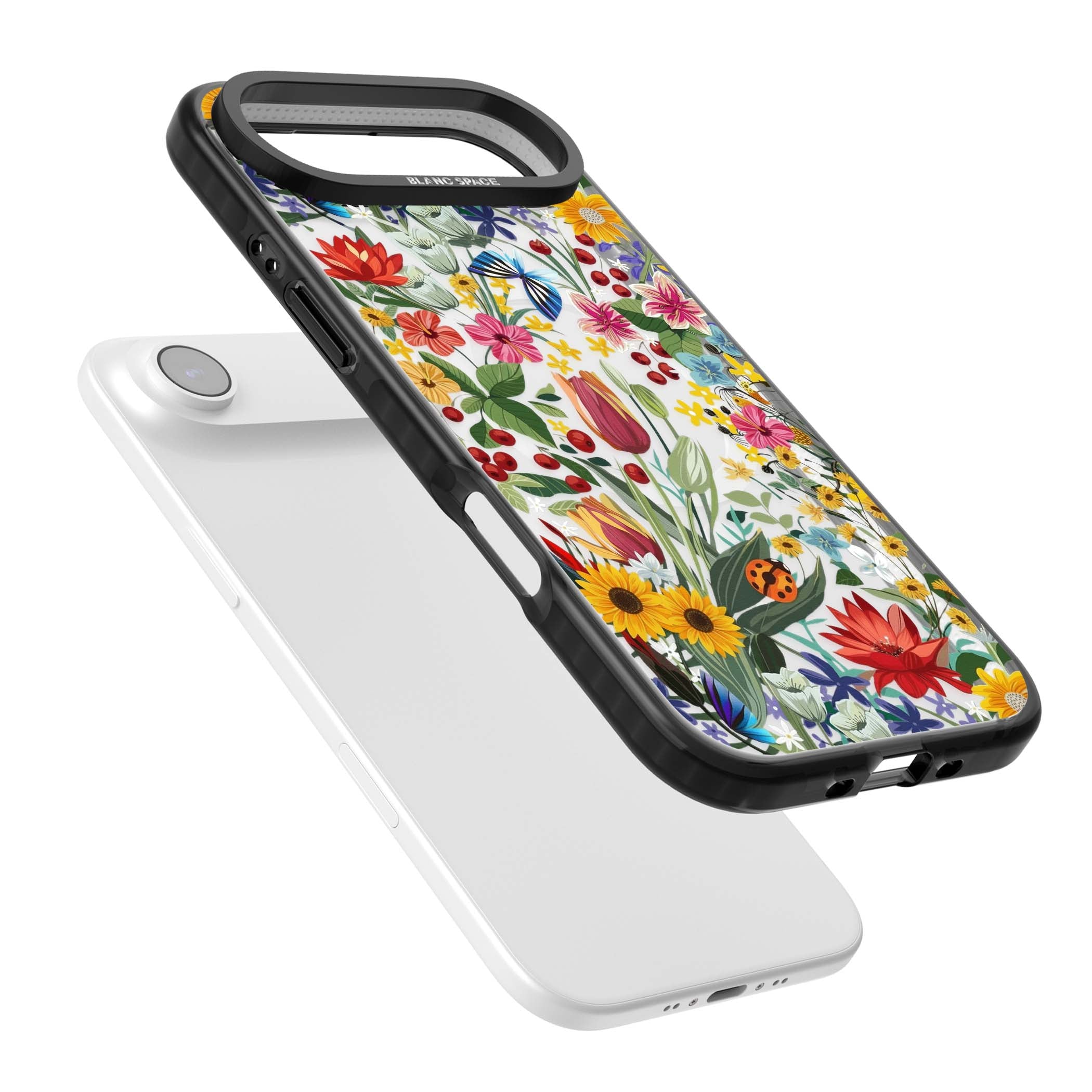 Botanical Bloom cottagecore iPhone case featuring colorful wildflowers, sunflowers, and ladybugs on clear background | Black Impact Magsafe case for iPhone Air